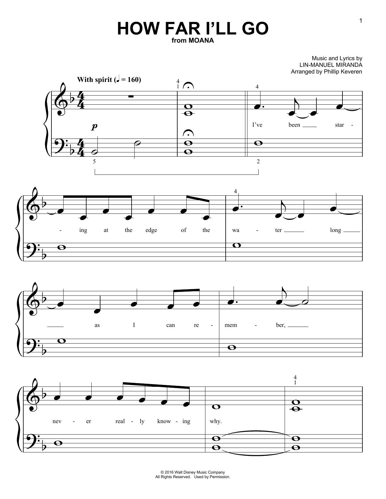 Lin-Manuel Miranda How Far I'll Go (from Moana) (arr. Phillip Keveren) sheet music notes and chords arranged for Big Note Piano