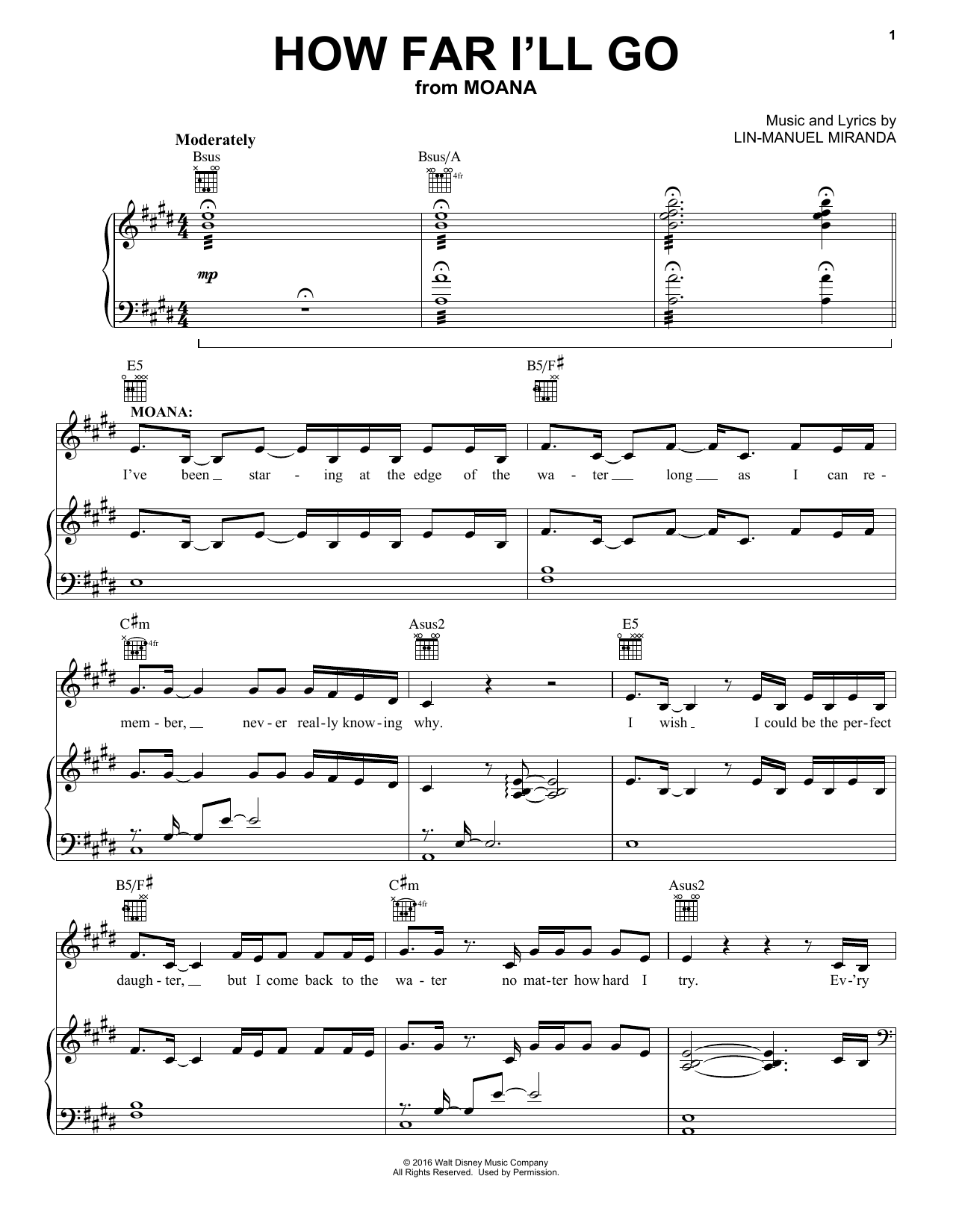 Lin-Manuel Miranda How Far I'll Go (from Moana) sheet music notes and chords arranged for Lead Sheet / Fake Book
