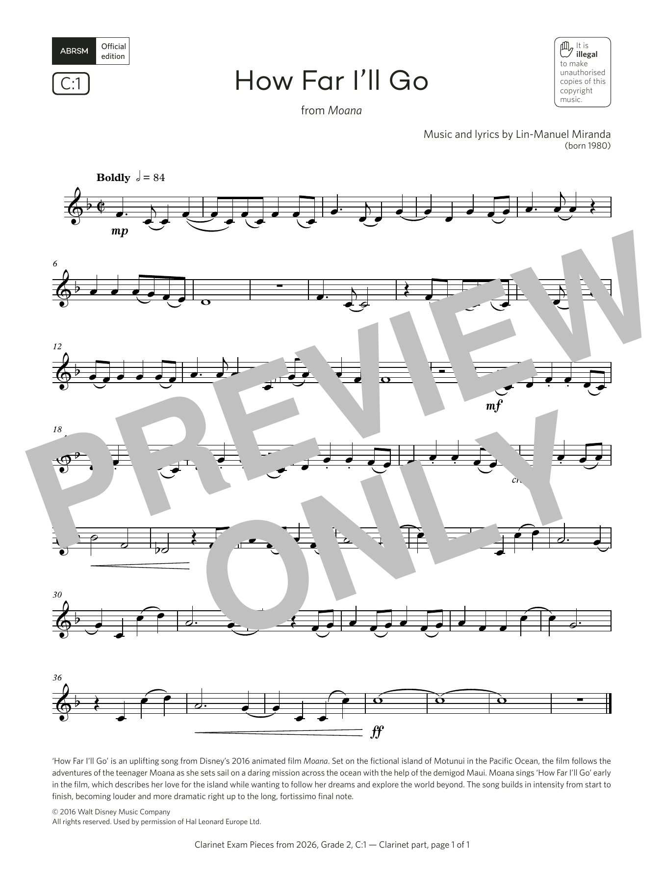Lin-Manuel Miranda How Far I'll Go (Grade 2, list C1, from the ABRSM Clarinet Syllabus from 2026) sheet music notes and chords arranged for Clarinet Solo