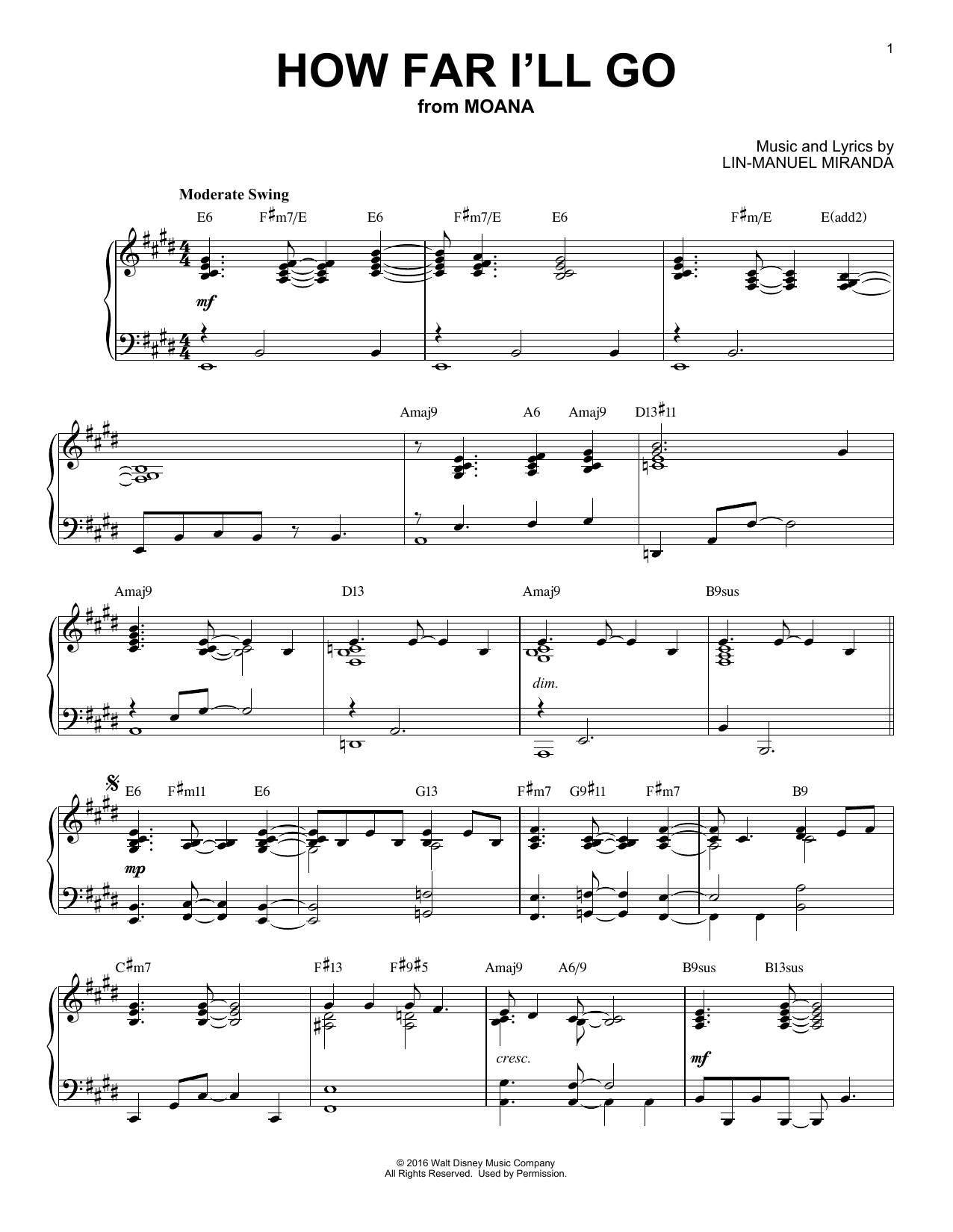 Lin-Manuel Miranda How Far I'll Go [Jazz version] (from Moana) (arr. Brent Edstrom) sheet music notes and chords arranged for Piano Solo