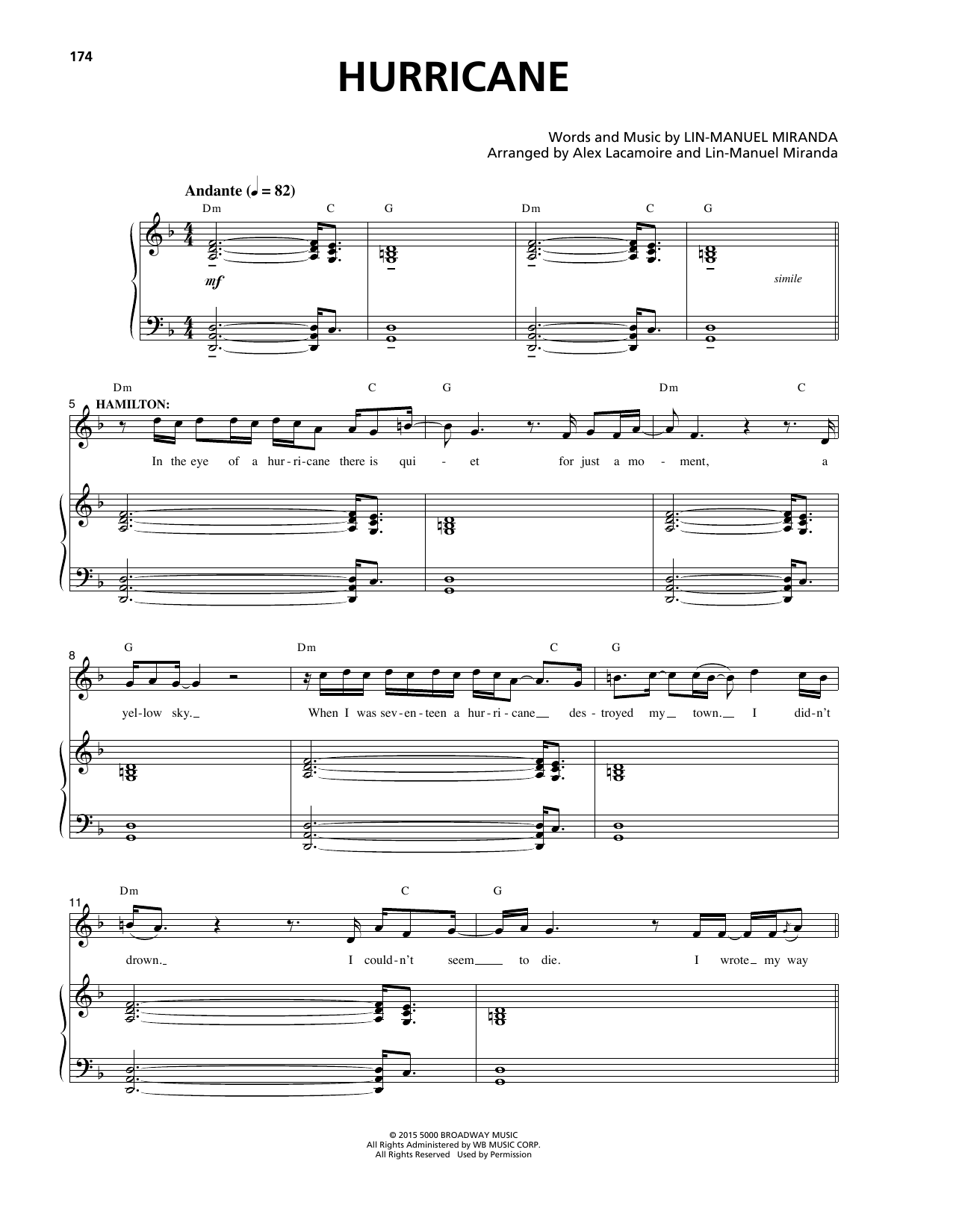 Lin-Manuel Miranda Hurricane (from Hamilton) sheet music notes and chords arranged for Piano & Vocal