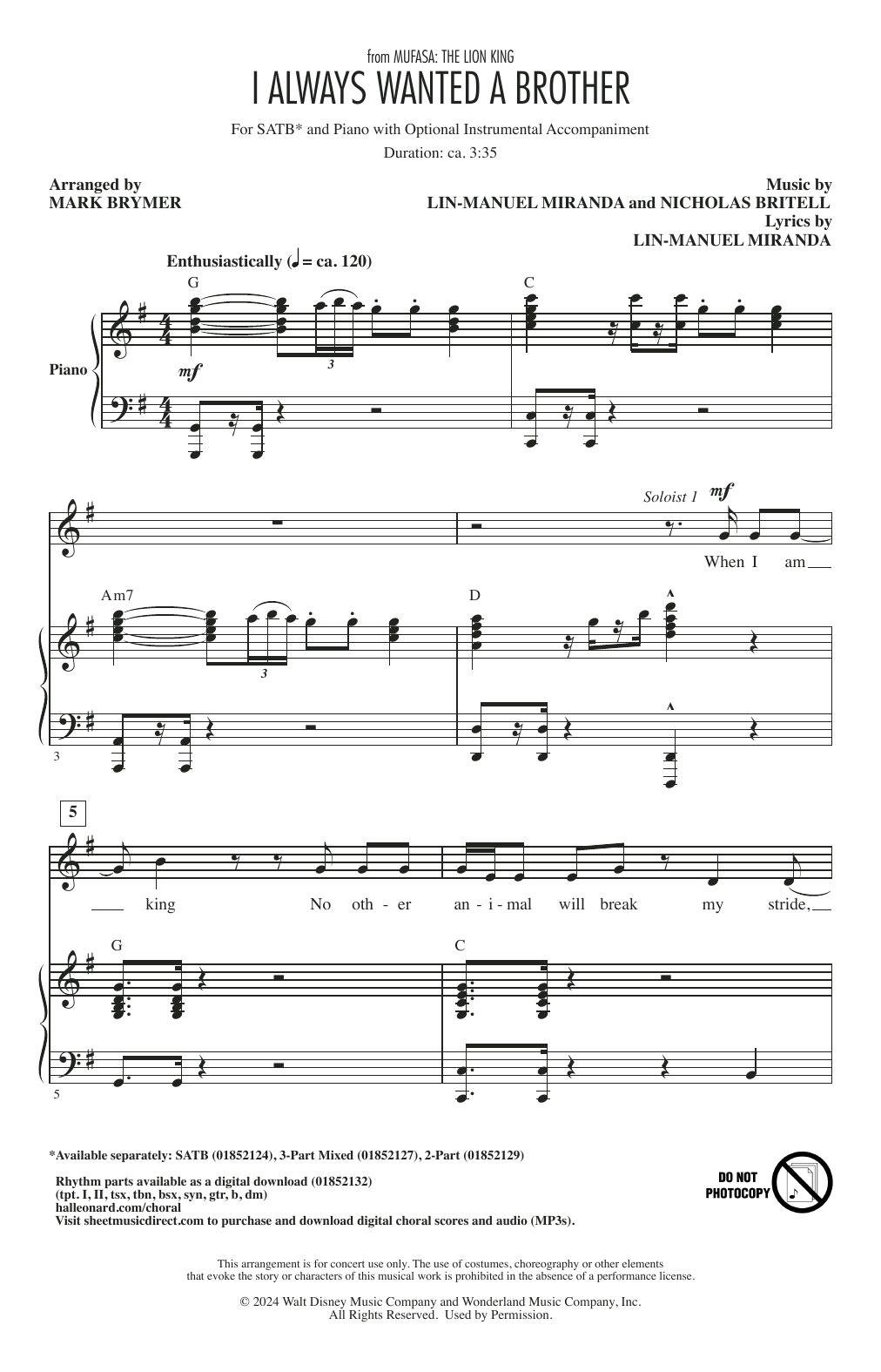 Lin-Manuel Miranda I Always Wanted A Brother (from Mufasa) (arr. Mark Brymer) sheet music notes and chords arranged for 2-Part Choir