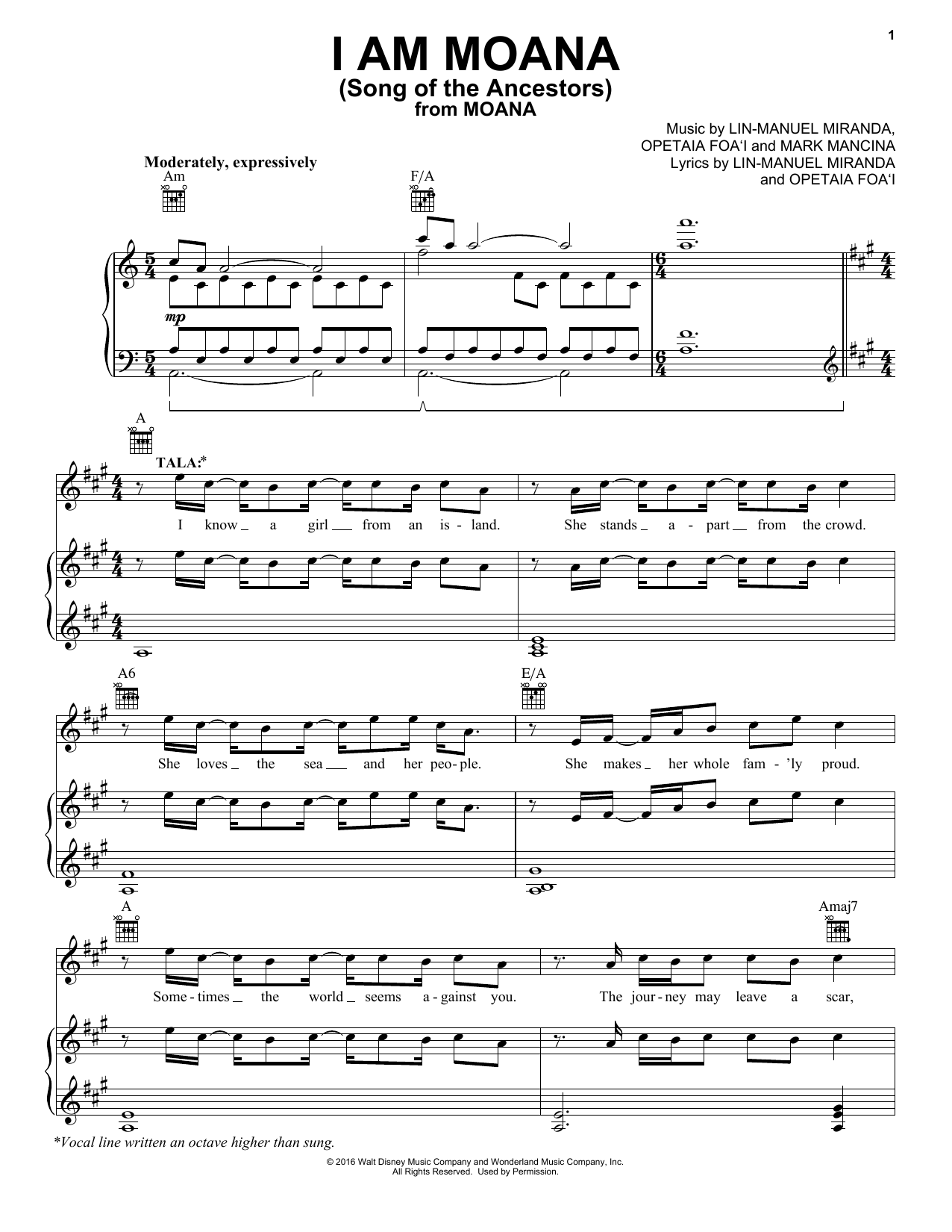 Lin-Manuel Miranda I Am Moana (Song Of The Ancestors) (from Moana) sheet music notes and chords arranged for Piano, Vocal & Guitar Chords (Right-Hand Melody)