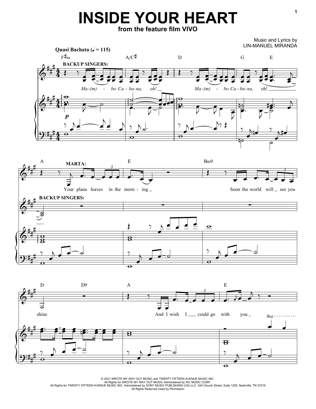 Lin-Manuel Miranda Inside Your Heart (from Vivo) sheet music notes and chords arranged for Piano & Vocal