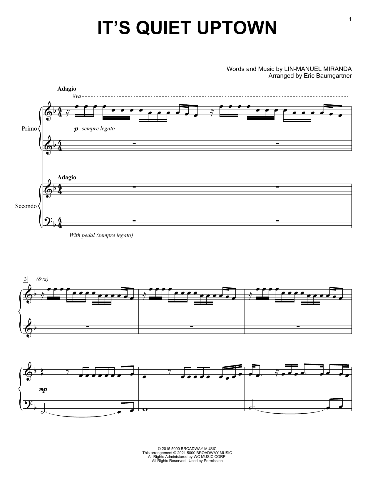 Lin-Manuel Miranda It's Quiet Uptown (from Hamilton) (arr. Eric Baumgartner) sheet music notes and chords arranged for Piano Duet