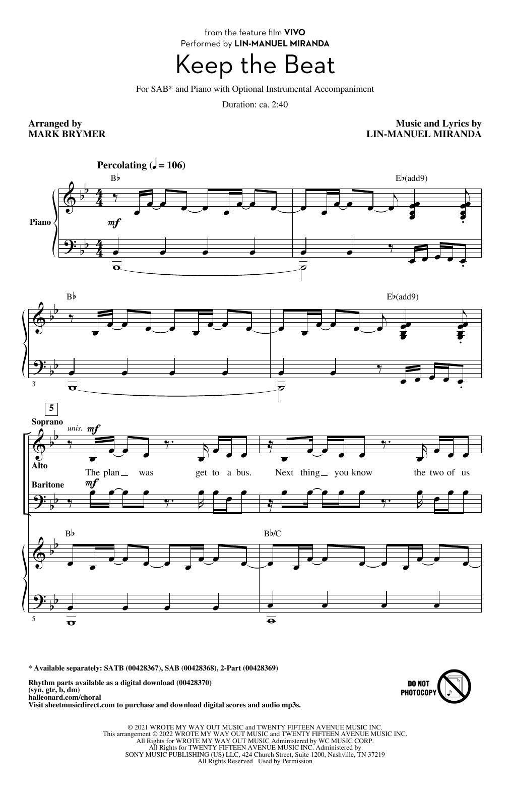 Lin-Manuel Miranda Keep The Beat (from Vivo) (arr. Mark Brymer) sheet music notes and chords arranged for SAB Choir
