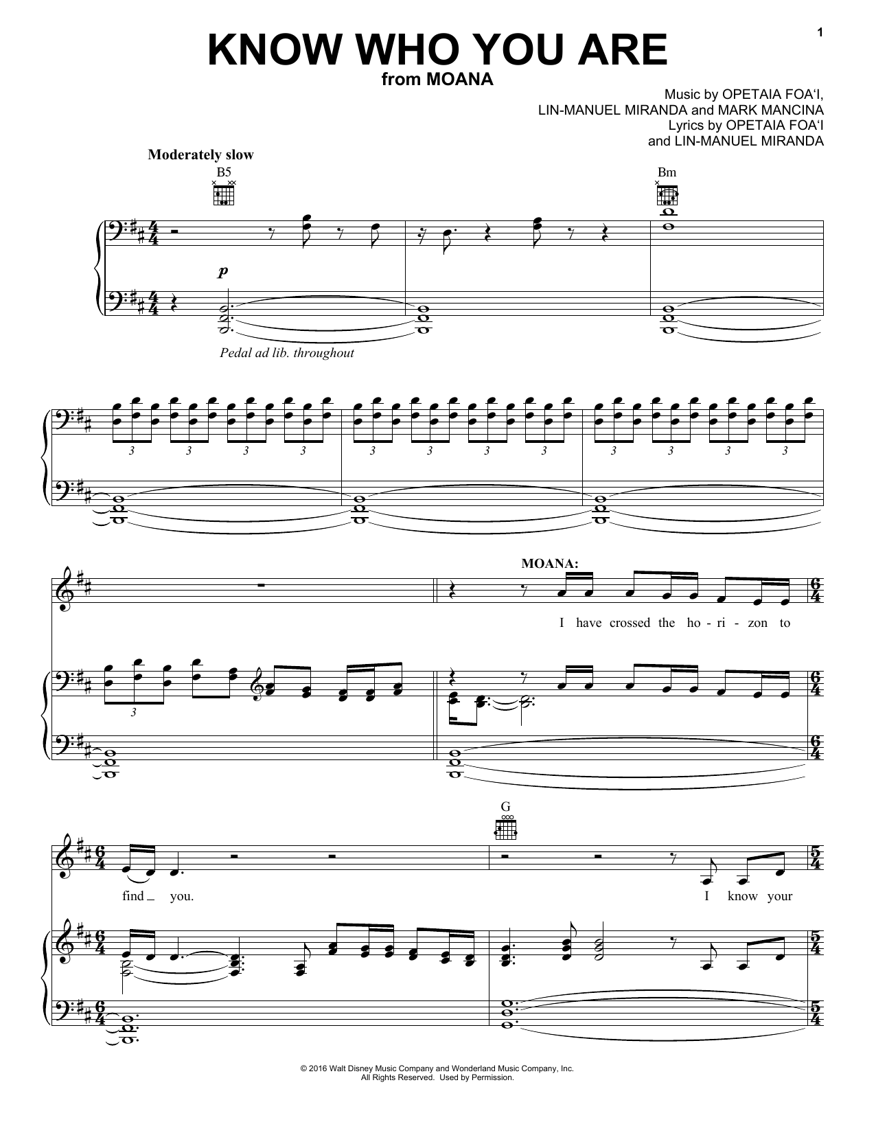 Lin-Manuel Miranda Know Who You Are (from Moana) sheet music notes and chords arranged for Piano, Vocal & Guitar Chords (Right-Hand Melody)