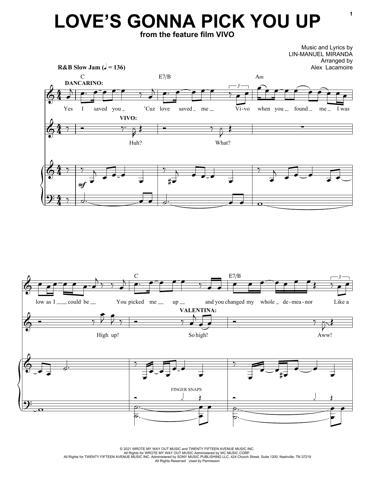 Lin-Manuel Miranda Love's Gonna Pick You Up (from Vivo) sheet music notes and chords arranged for Piano & Vocal