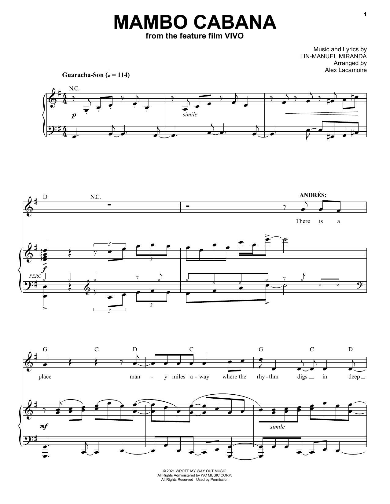 Lin-Manuel Miranda Mambo Cabana (from Vivo) sheet music notes and chords arranged for Piano & Vocal
