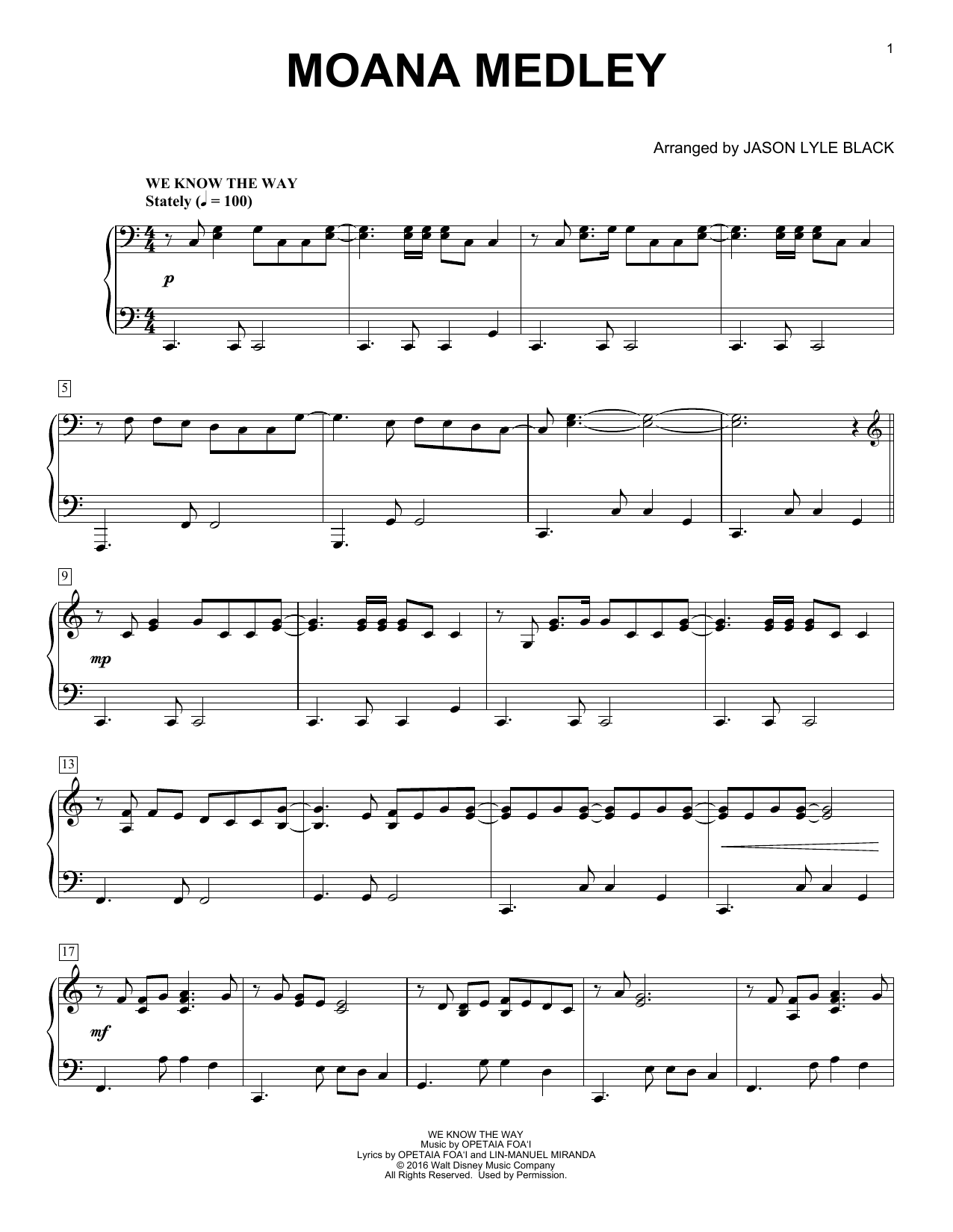 Lin-Manuel Miranda Moana Medley (arr. Jason Lyle Black) sheet music notes and chords arranged for Piano Solo