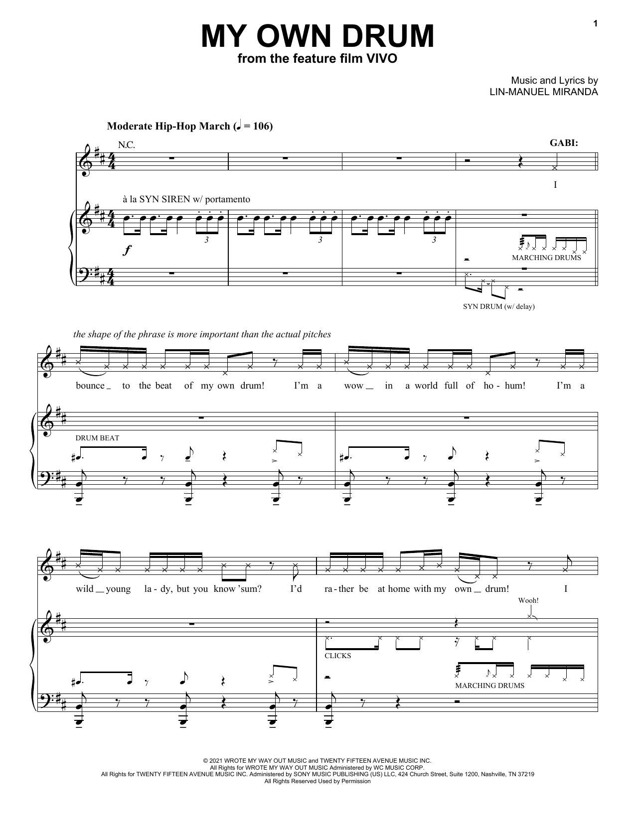 Lin-Manuel Miranda My Own Drum (from Vivo) sheet music notes and chords arranged for Piano & Vocal