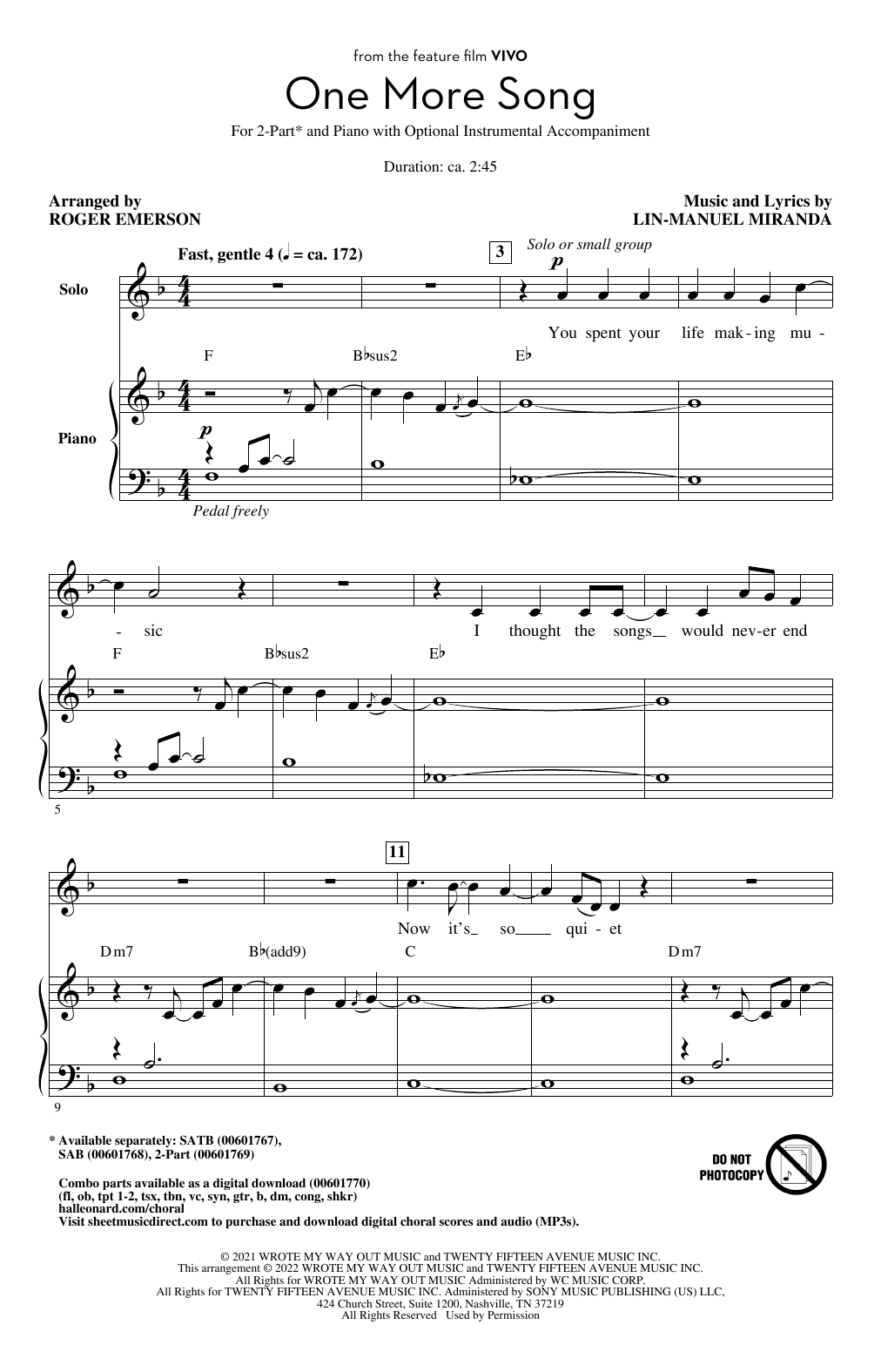 Lin-Manuel Miranda One More Song (from Vivo) (arr. Roger Emerson) sheet music notes and chords arranged for SAB Choir
