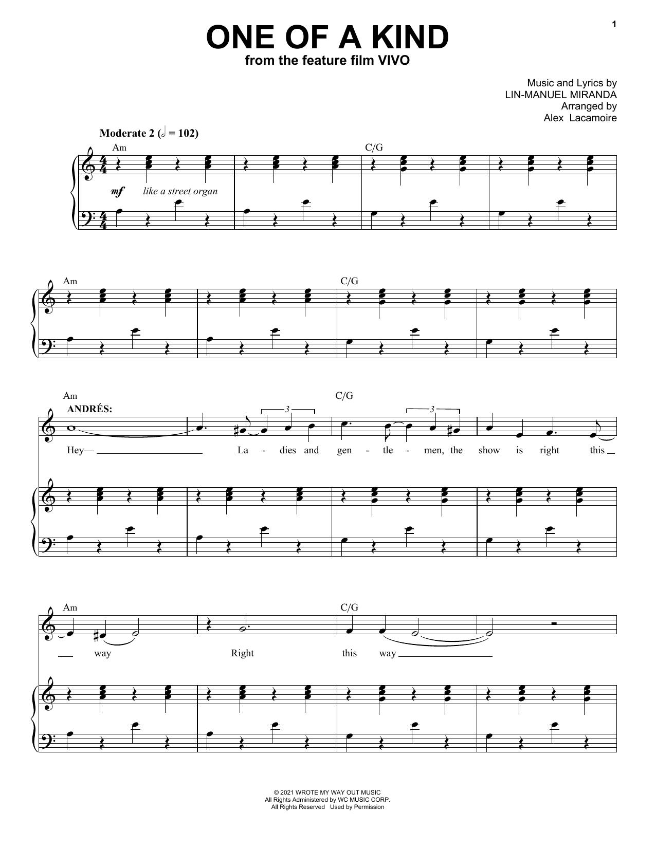 Lin-Manuel Miranda One Of A Kind (from Vivo) sheet music notes and chords arranged for Piano & Vocal