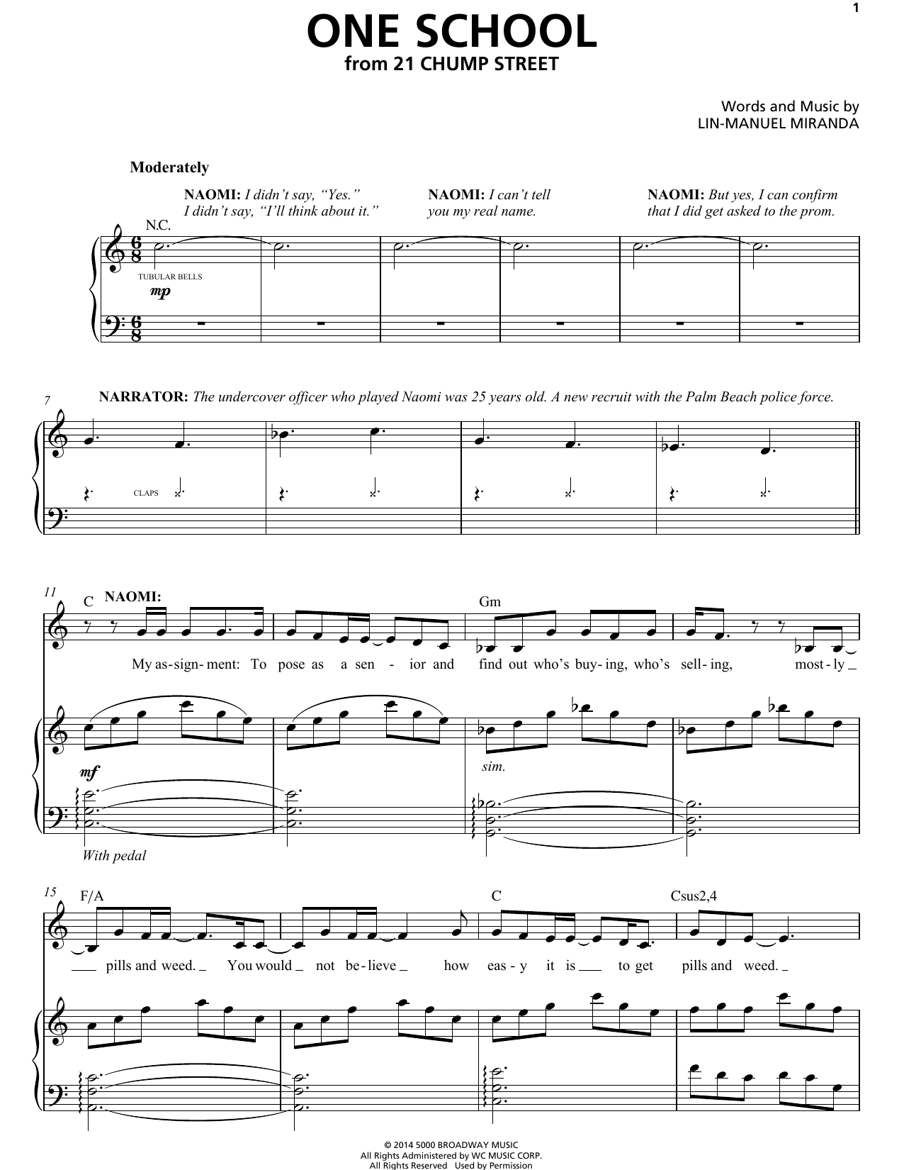 Lin-Manuel Miranda One School (from 21 Chump Street) sheet music notes and chords arranged for Piano & Vocal