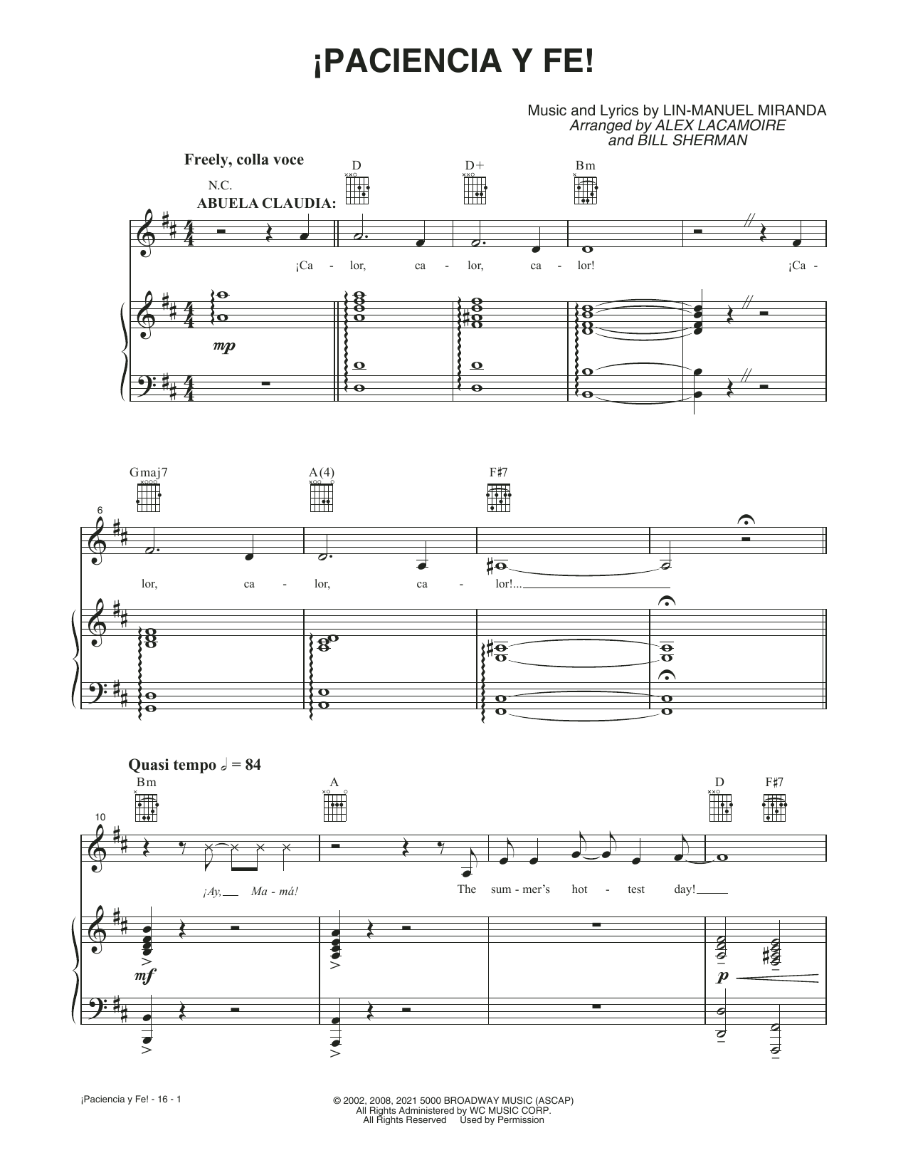 Lin-Manuel Miranda Paciencia Y Fe (from the Motion Picture In The Heights) sheet music notes and chords arranged for Piano, Vocal & Guitar Chords