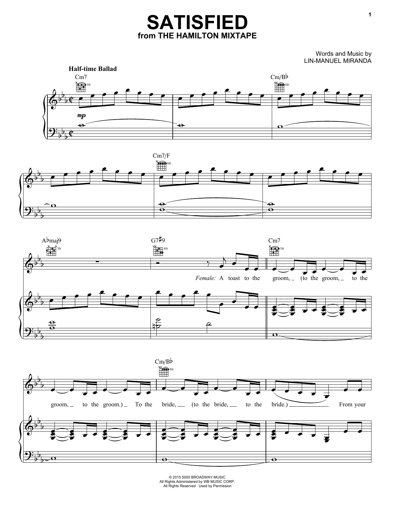 Lin-Manuel Miranda Satisfied sheet music notes and chords arranged for Piano, Vocal & Guitar Chords (Right-Hand Melody)