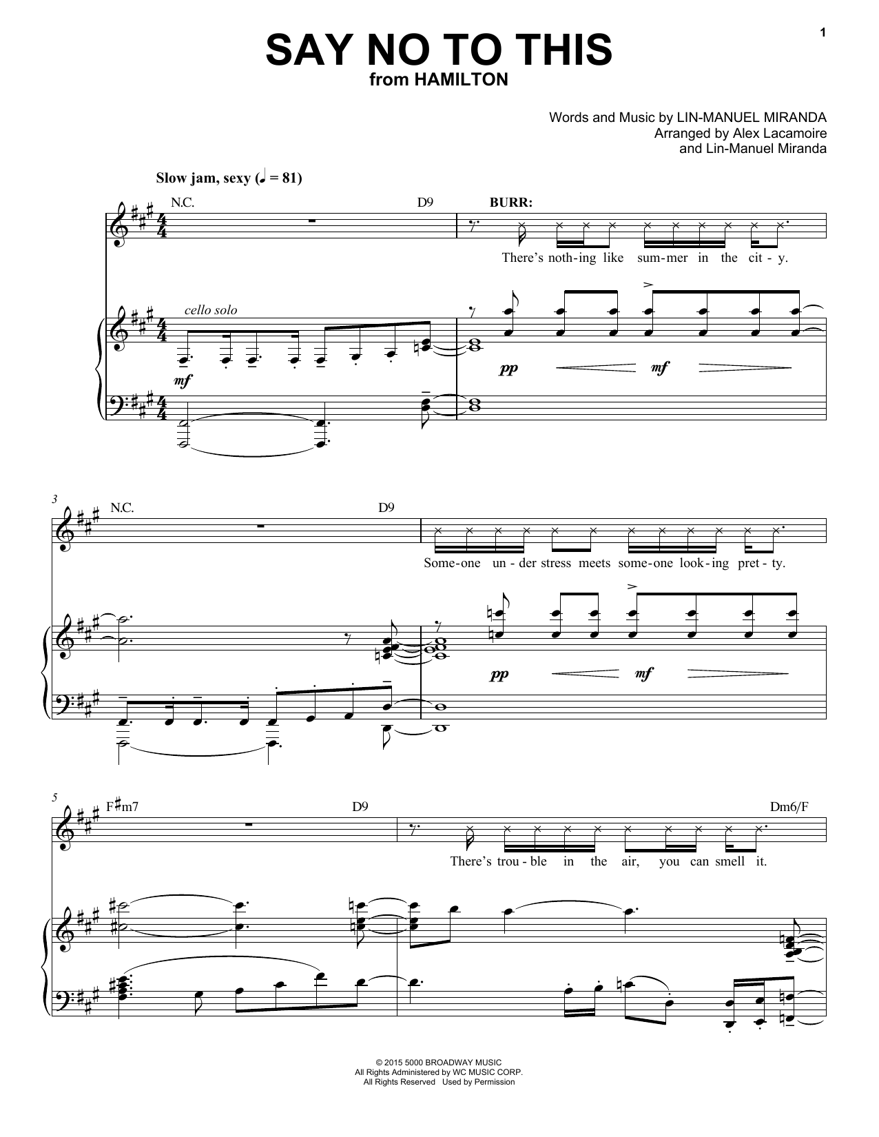 Lin-Manuel Miranda Say No To This (from Hamilton) sheet music notes and chords arranged for Piano & Vocal