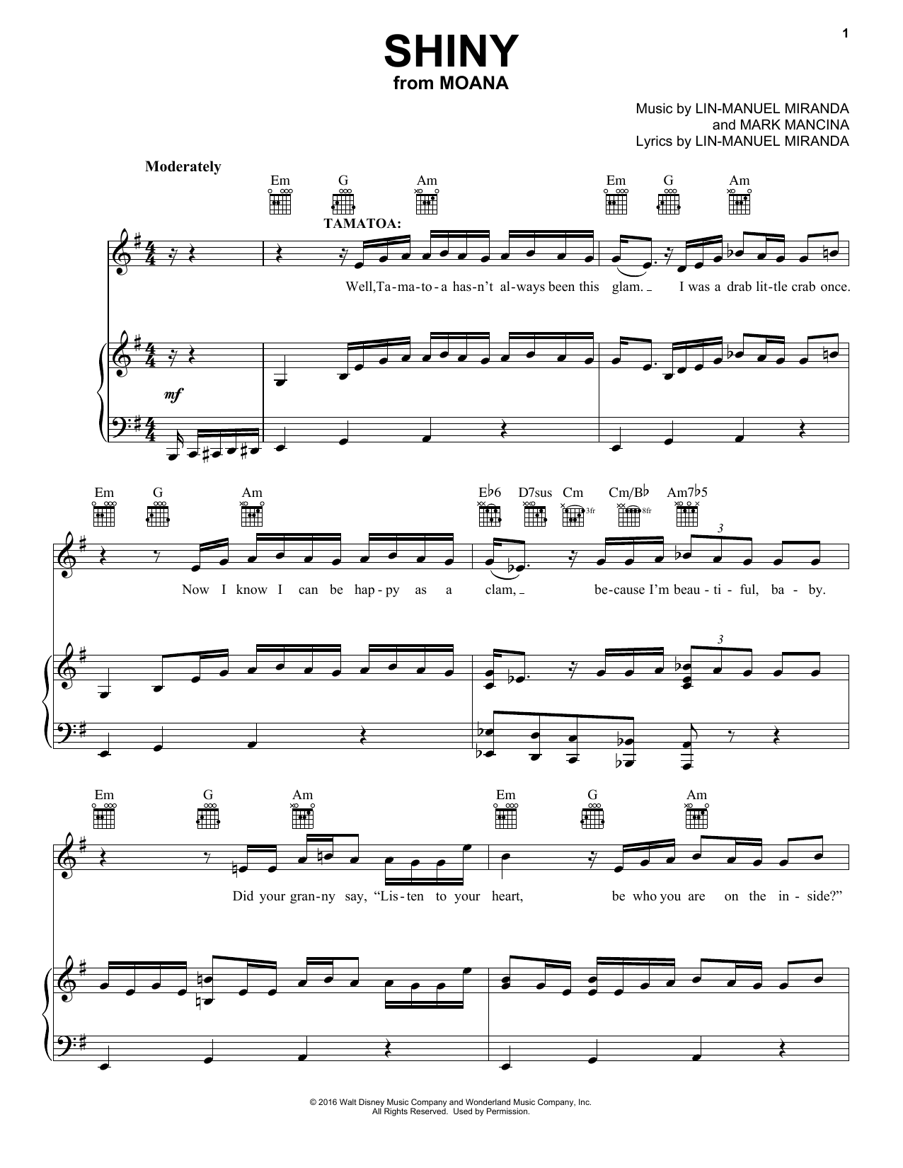 Lin-Manuel Miranda Shiny (from Moana) sheet music notes and chords arranged for Piano, Vocal & Guitar Chords (Right-Hand Melody)