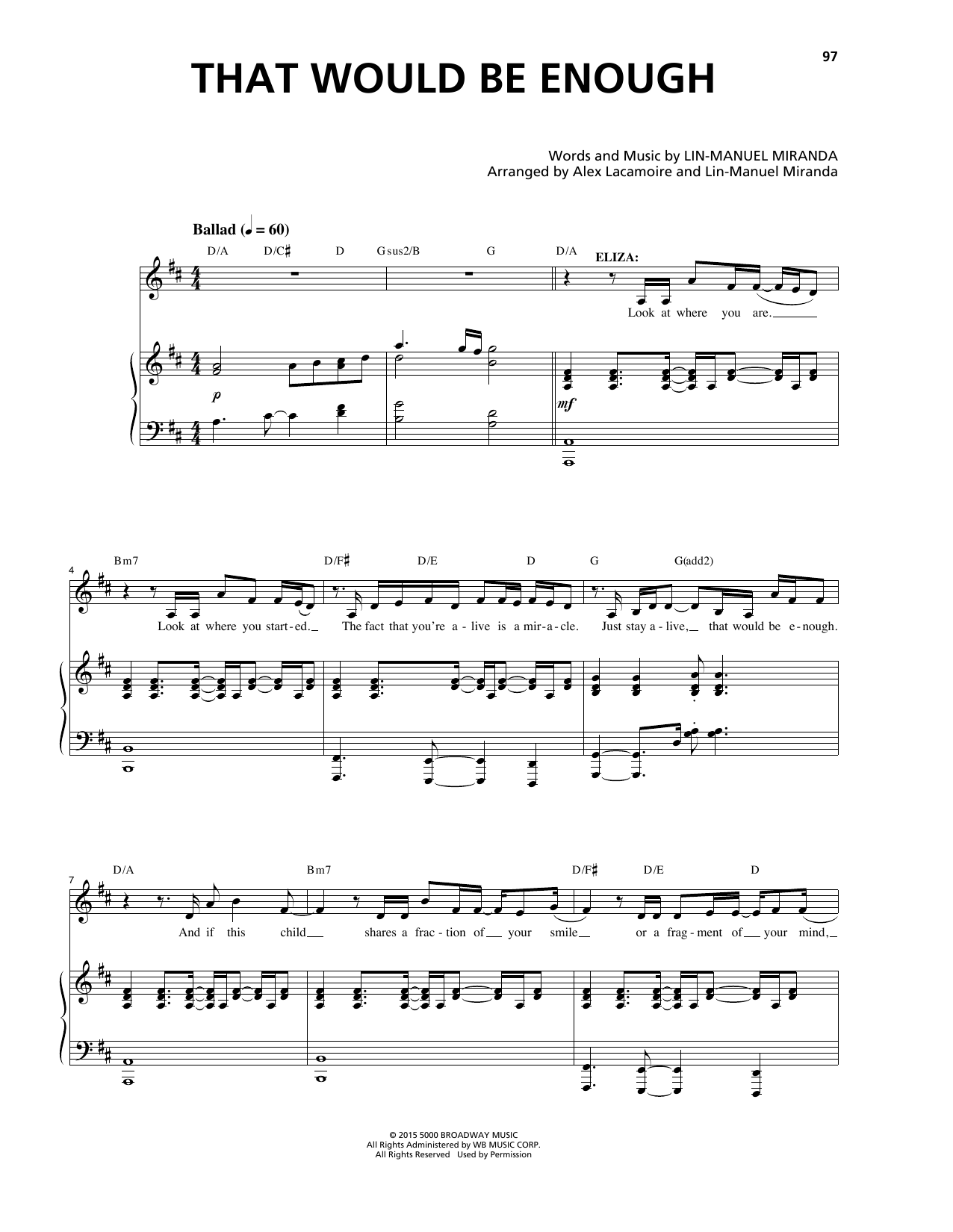 Lin-Manuel Miranda That Would Be Enough (from Hamilton) sheet music notes and chords arranged for Vocal Pro + Piano/Guitar