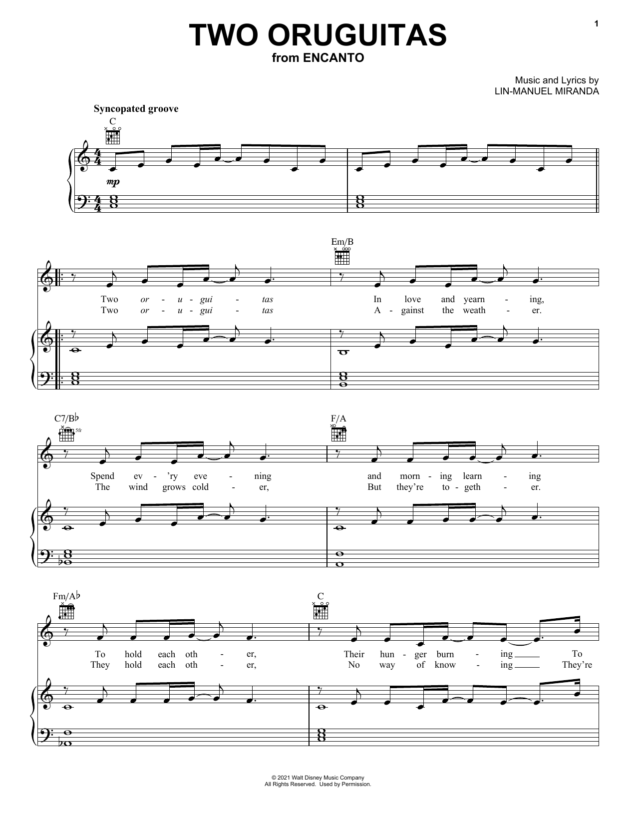 Lin-Manuel Miranda Two Oruguitas (from Encanto) sheet music notes and chords arranged for Easy Guitar Tab