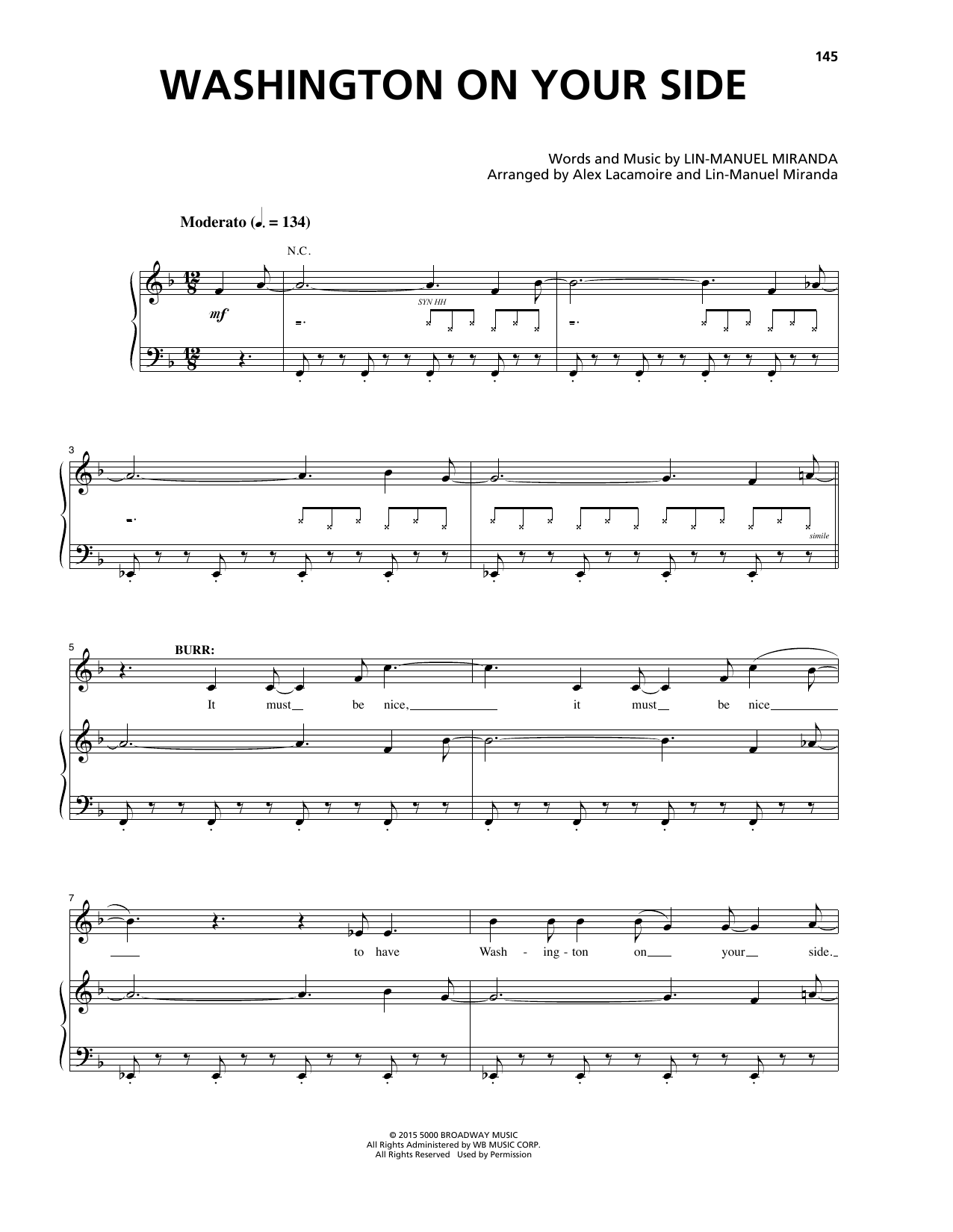 Lin-Manuel Miranda Washington On Your Side (from Hamilton) sheet music notes and chords arranged for Piano & Vocal