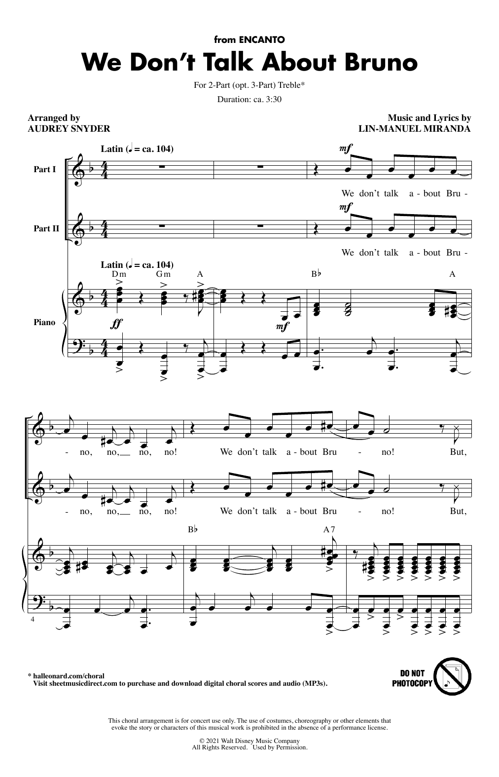 Lin-Manuel Miranda We Don't Talk About Bruno (arr. Audrey Snyder) sheet music notes and chords arranged for 2-Part Choir, 3-Part Mixed Choir