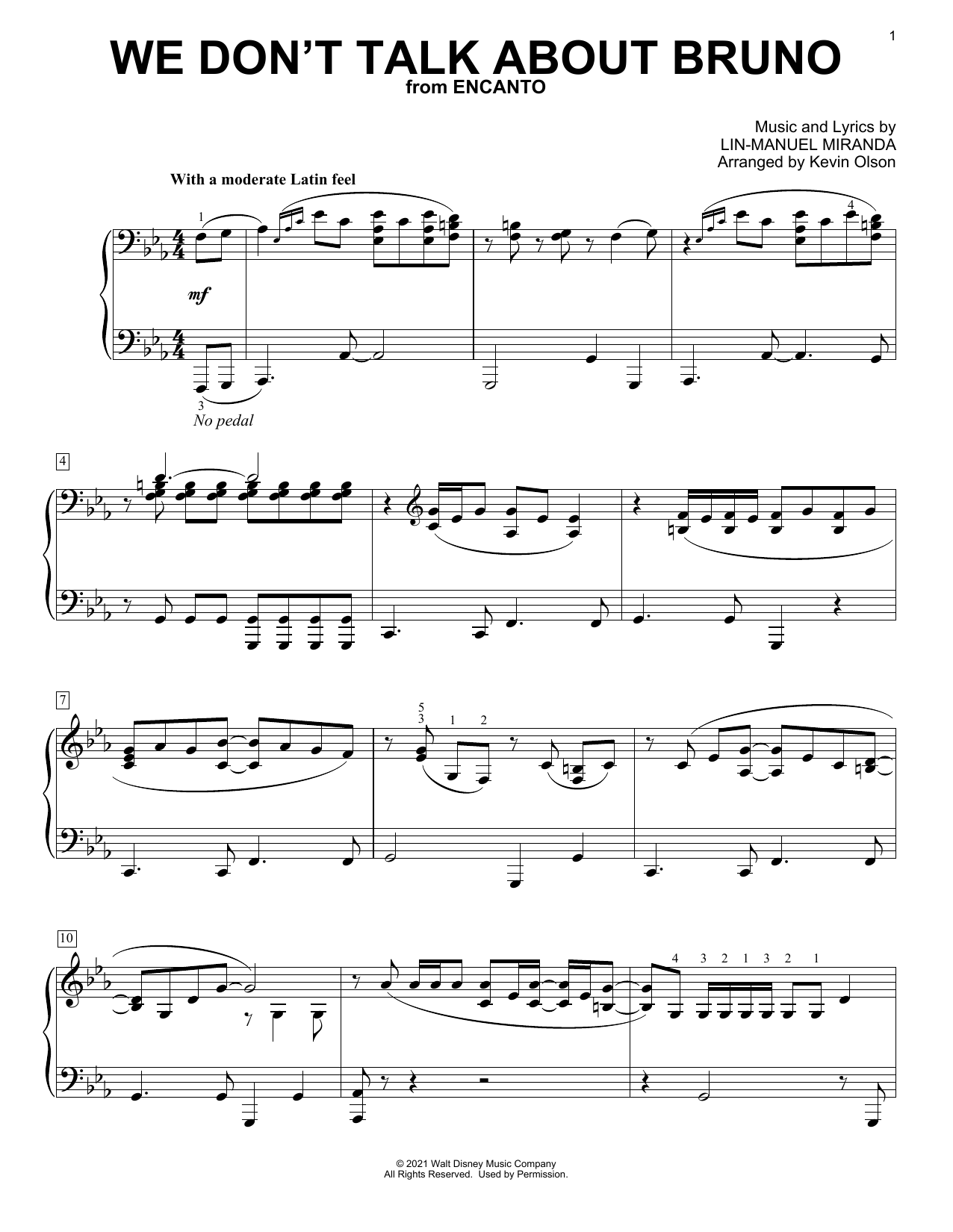 Lin-Manuel Miranda We Don't Talk About Bruno (from Encanto) (arr. Kevin Olson) sheet music notes and chords arranged for Easy Piano Solo