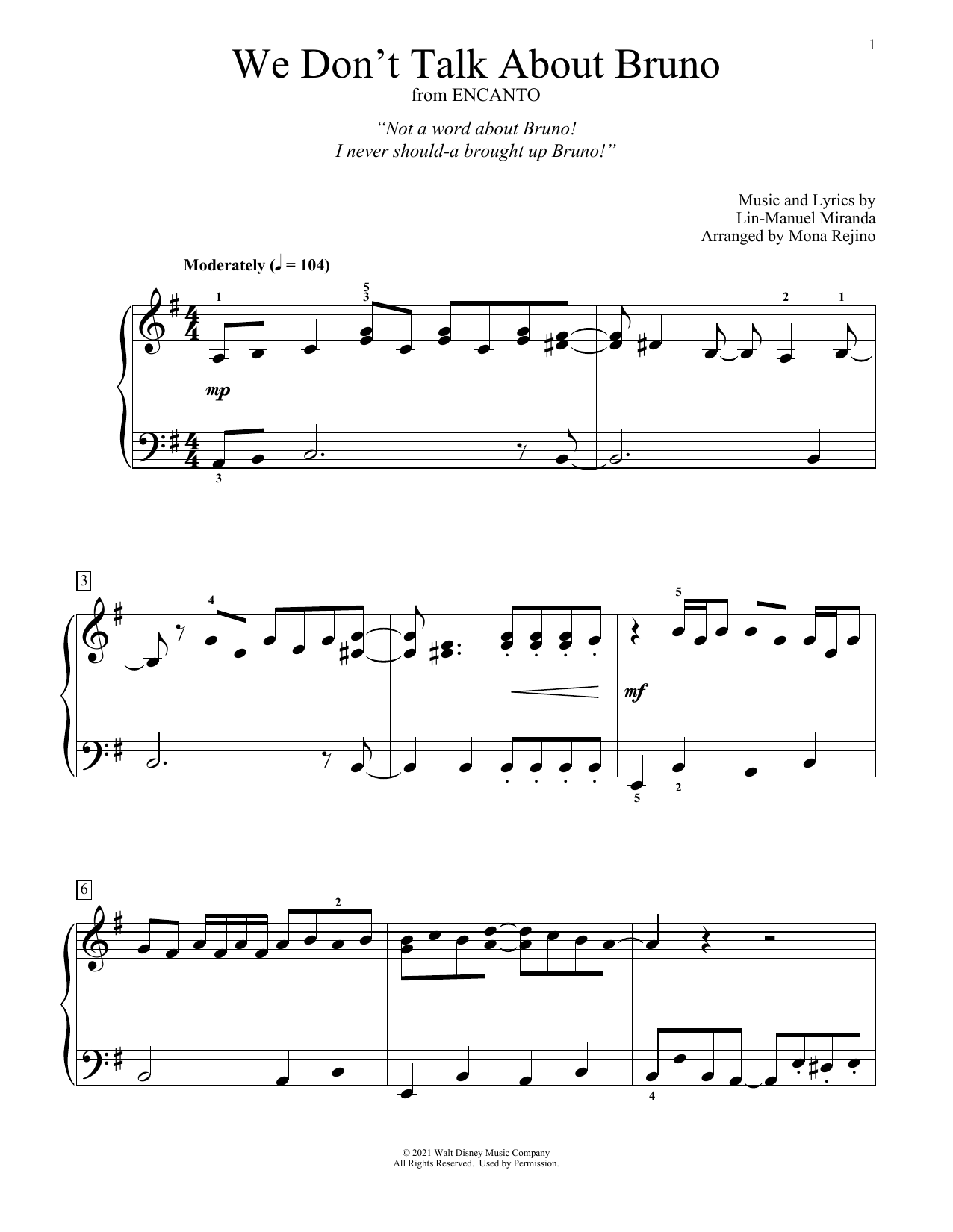 Lin-Manuel Miranda We Don't Talk About Bruno (from Encanto) (arr. Mona Rejino) sheet music notes and chords arranged for Educational Piano
