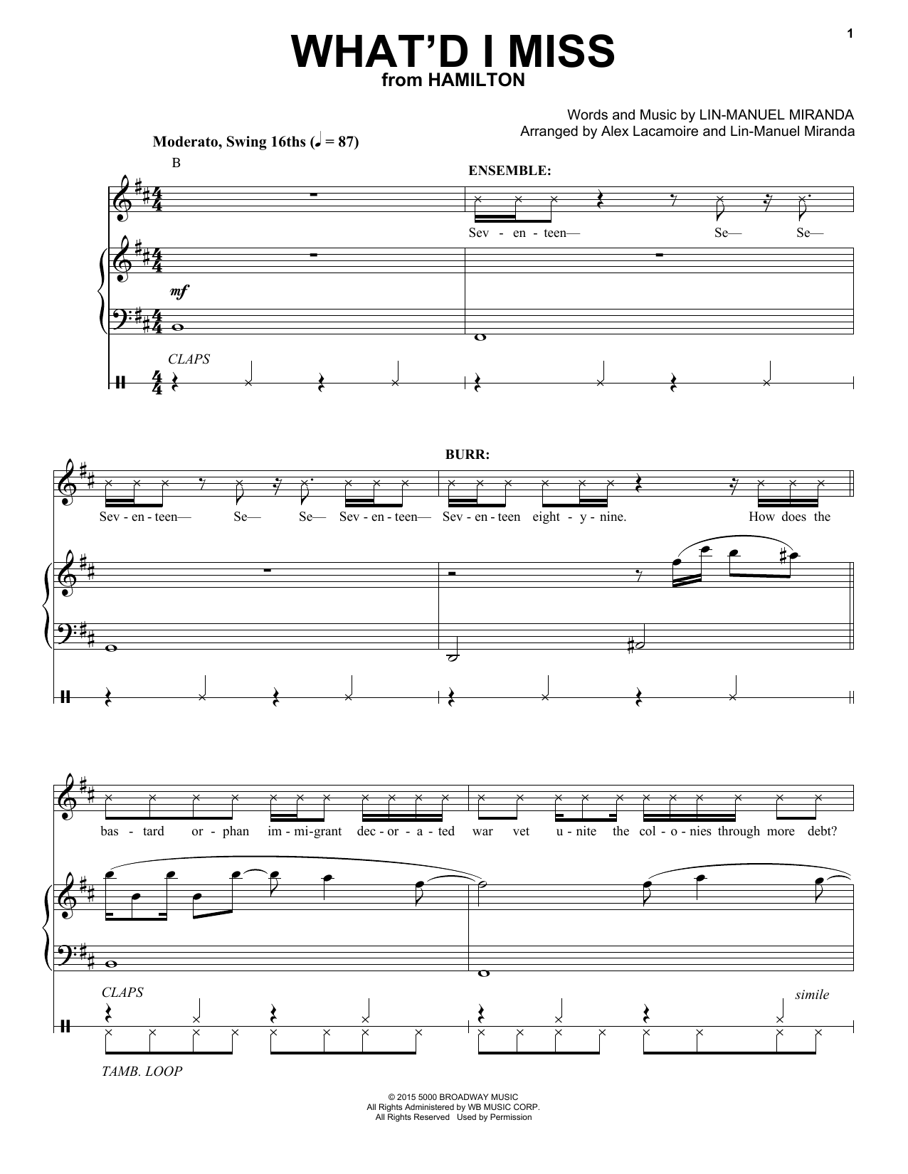 Lin-Manuel Miranda What'd I Miss (from Hamilton) sheet music notes and chords arranged for Piano & Vocal