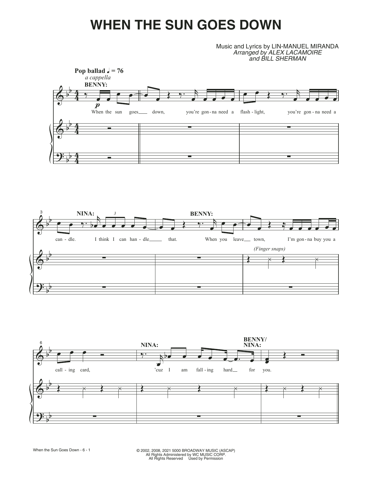 Lin-Manuel Miranda When The Sun Goes Down (from the Motion Picture In The Heights) sheet music notes and chords arranged for Piano, Vocal & Guitar Chords