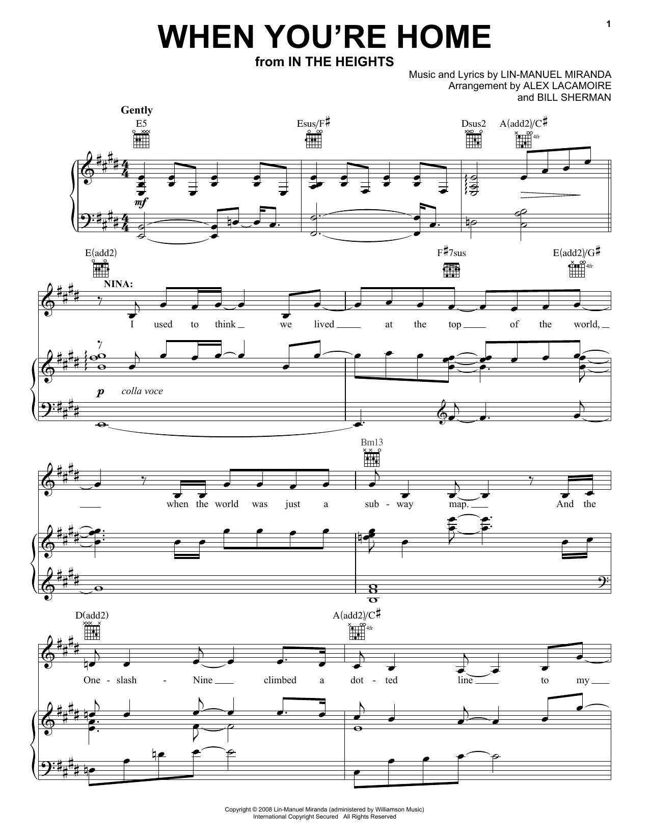 Lin-Manuel Miranda When You're Home (from In The Heights: The Musical) sheet music notes and chords arranged for Easy Piano