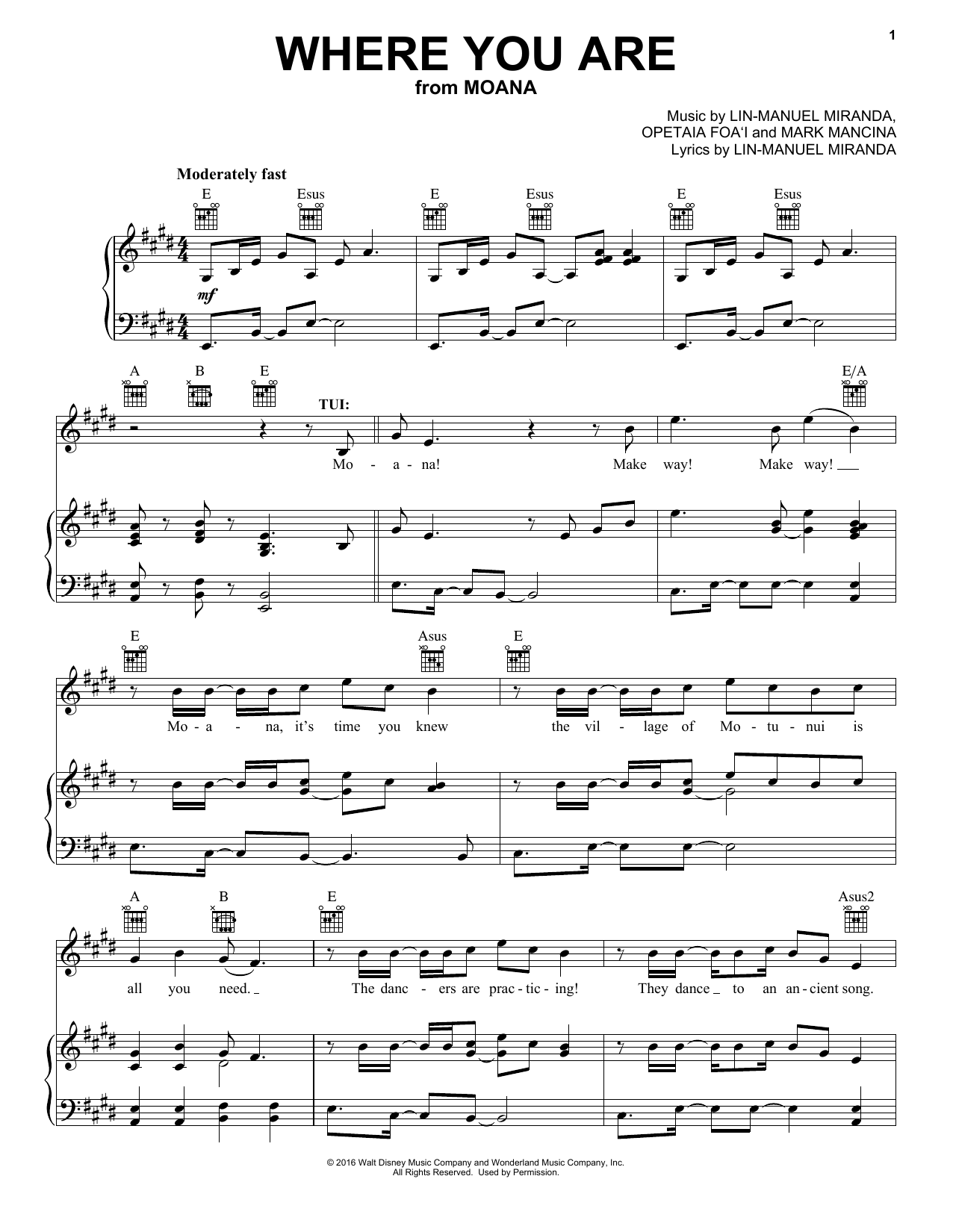 Lin-Manuel Miranda Where You Are (from Moana) sheet music notes and chords arranged for Ukulele