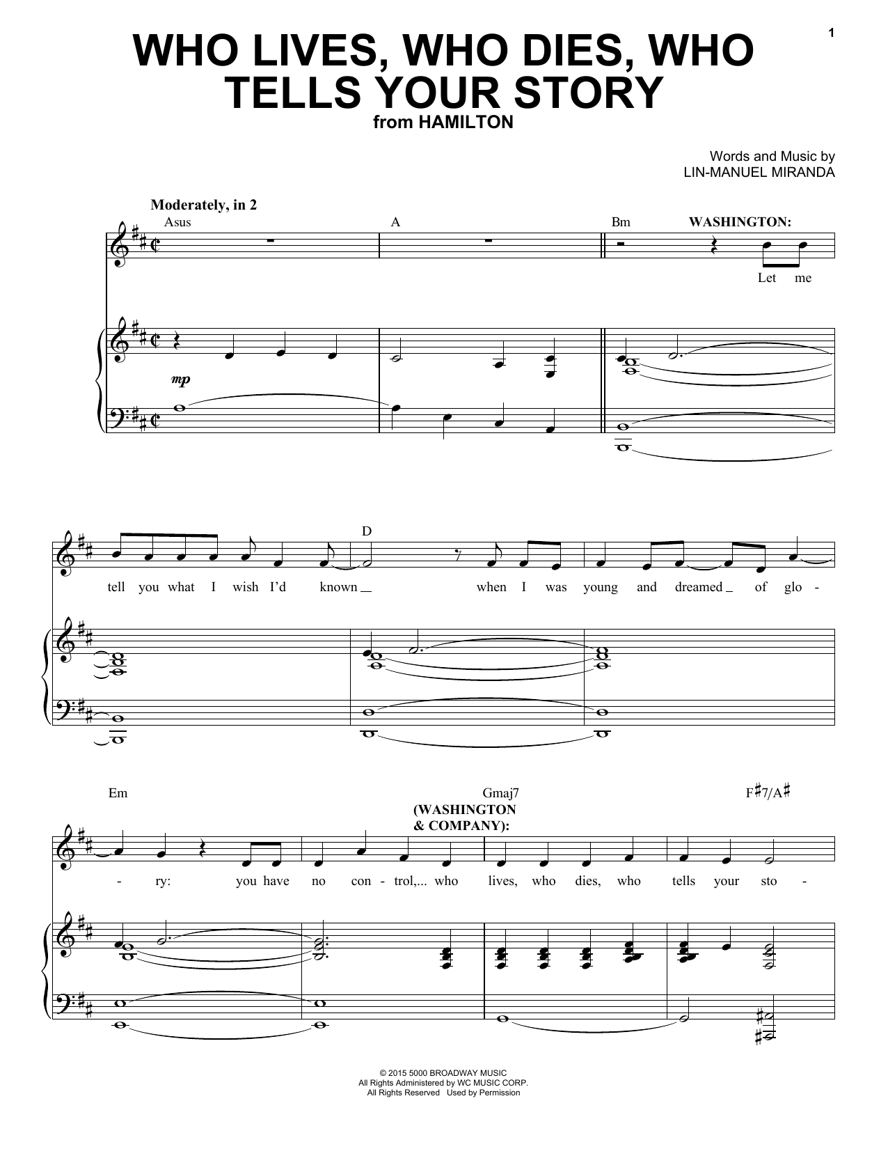 Lin-Manuel Miranda Who Lives, Who Dies, Who Tells Your Story (from Hamilton) sheet music notes and chords arranged for Piano & Vocal