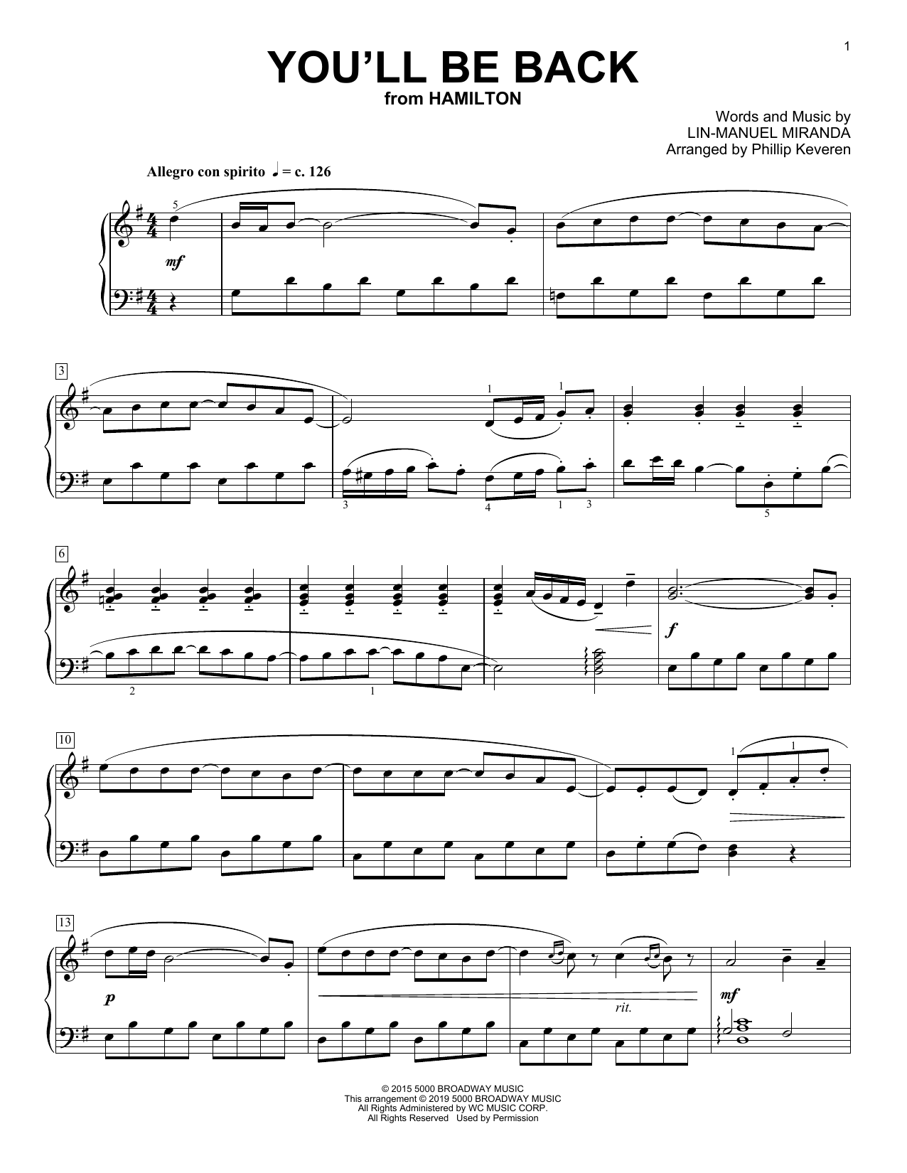 Lin-Manuel Miranda You'll Be Back [Classical version] (from Hamilton) (arr. Phillip Keveren) sheet music notes and chords arranged for Piano Solo