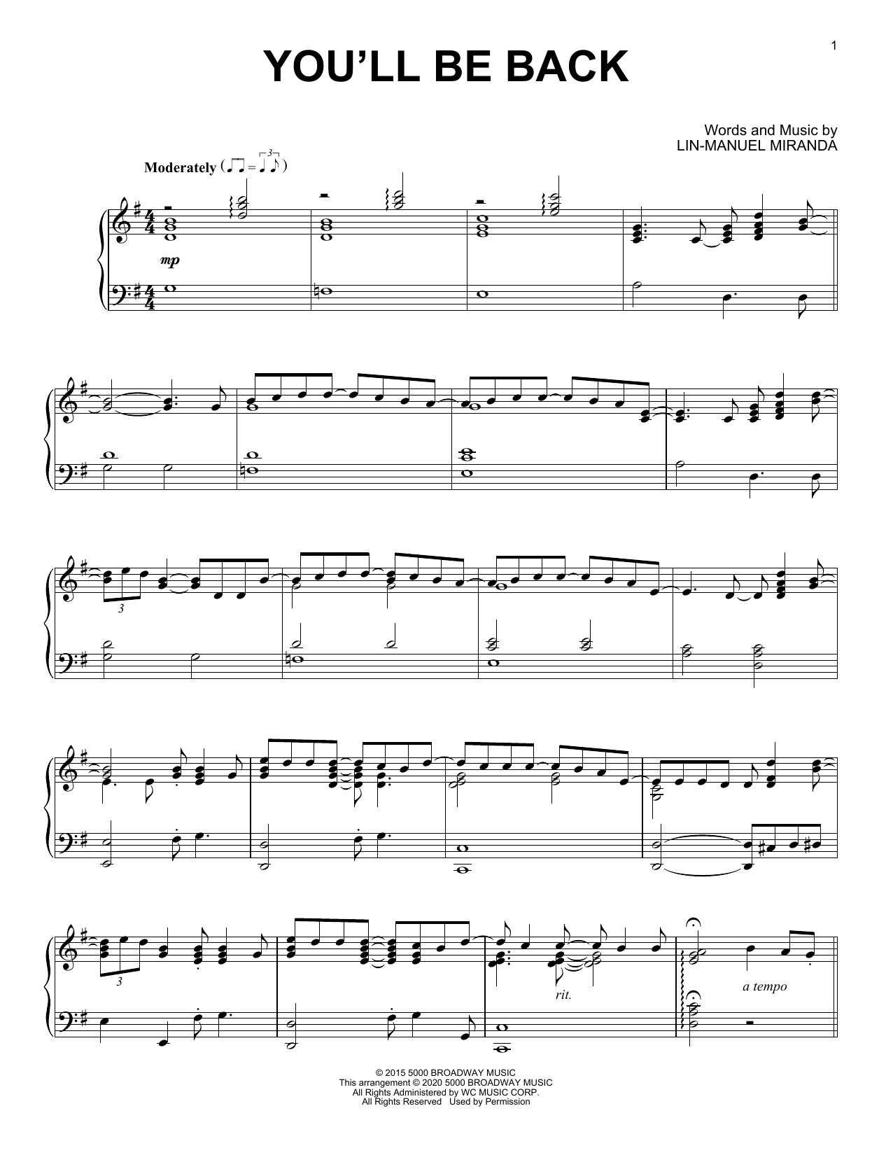 Lin-Manuel Miranda You'll Be Back (from Hamilton) (arr. David Pearl) sheet music notes and chords arranged for Piano Solo
