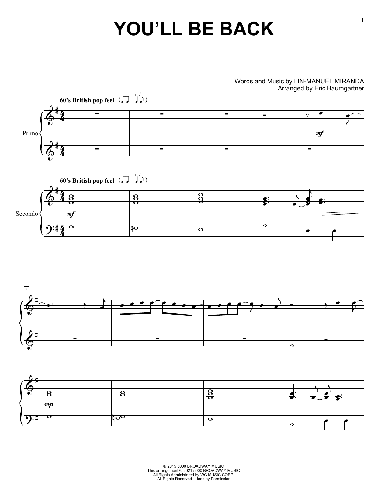 Lin-Manuel Miranda You'll Be Back (from Hamilton) (arr. Eric Baumgartner) sheet music notes and chords arranged for Piano Duet