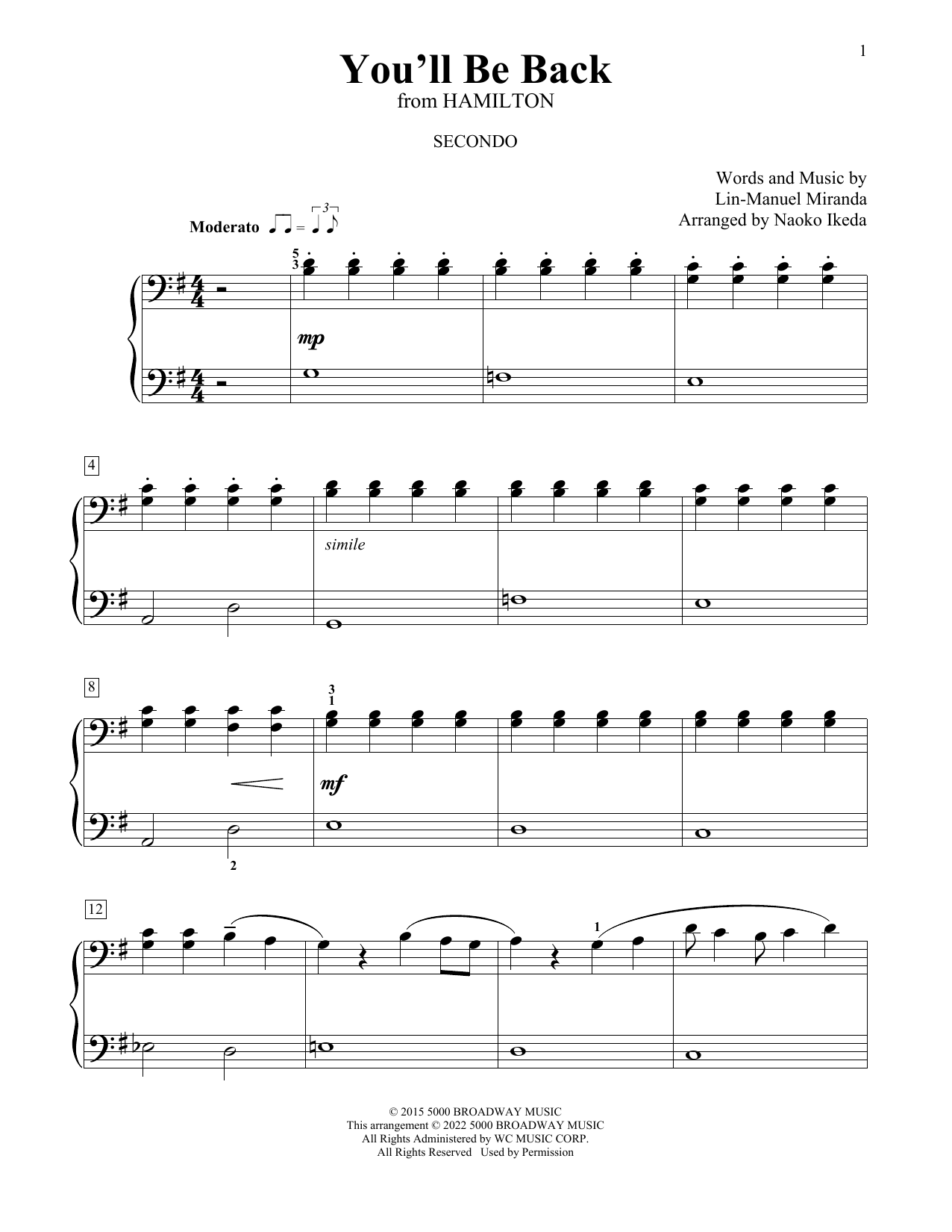 Lin-Manuel Miranda You'll Be Back (from Hamilton) (arr. Naoko Ikeda) sheet music notes and chords arranged for Piano Duet