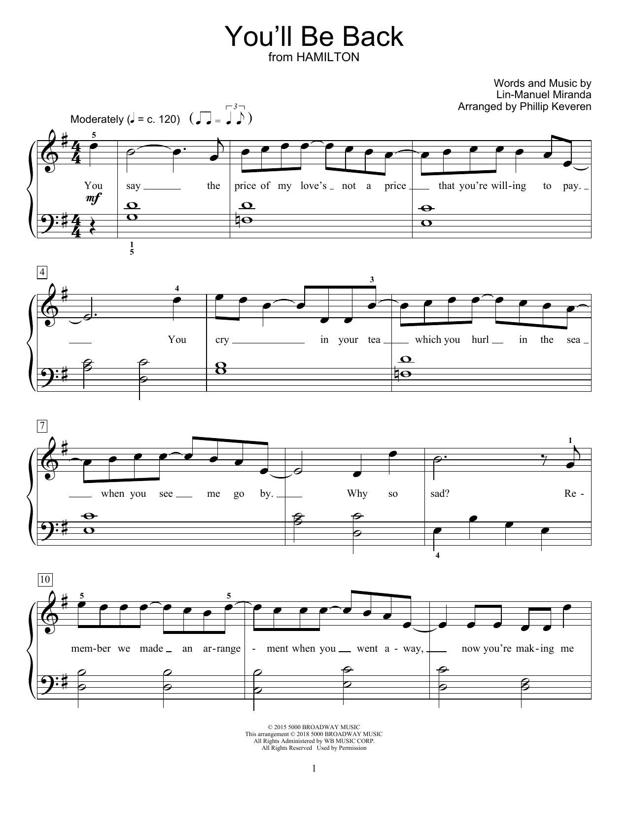 Lin-Manuel Miranda You'll Be Back (from Hamilton) (arr. Phillip Keveren) sheet music notes and chords arranged for Educational Piano