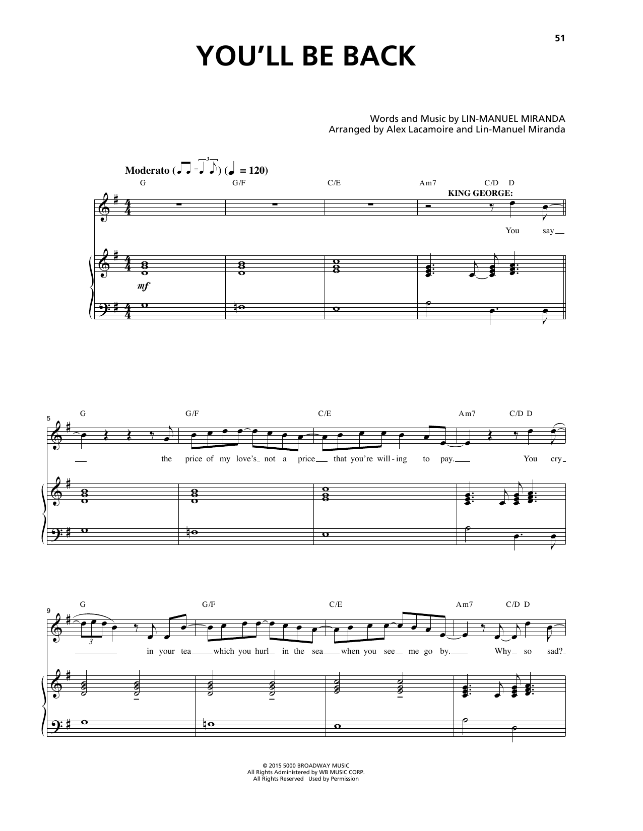 Lin-Manuel Miranda You'll Be Back (from Hamilton) sheet music notes and chords arranged for Guitar Chords/Lyrics