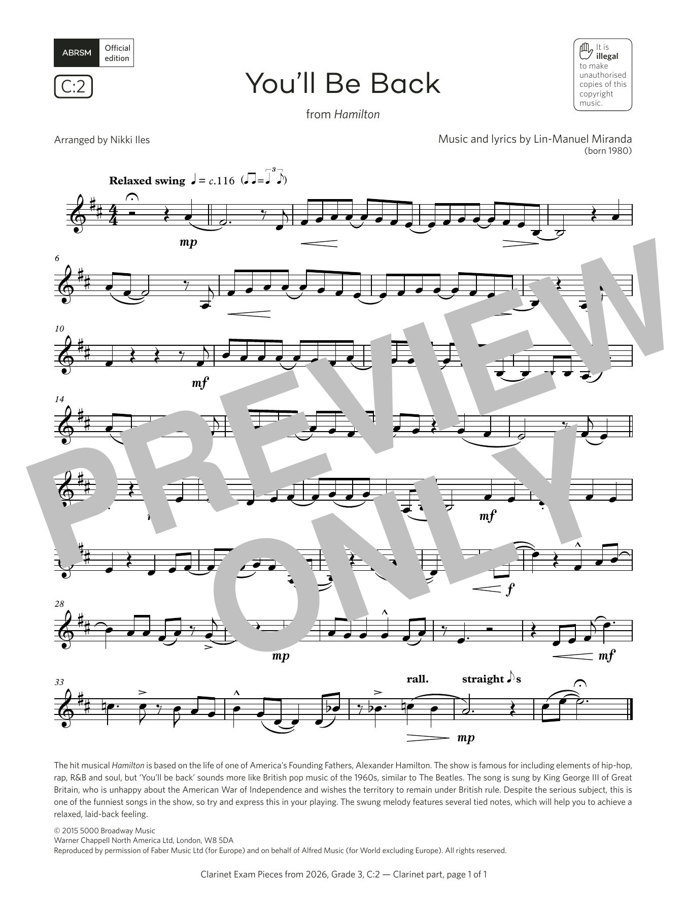 Lin-Manuel Miranda You'll Be Back (Grade 3, list C2, from the ABRSM Clarinet Syllabus from 2026) sheet music notes and chords arranged for Clarinet Solo