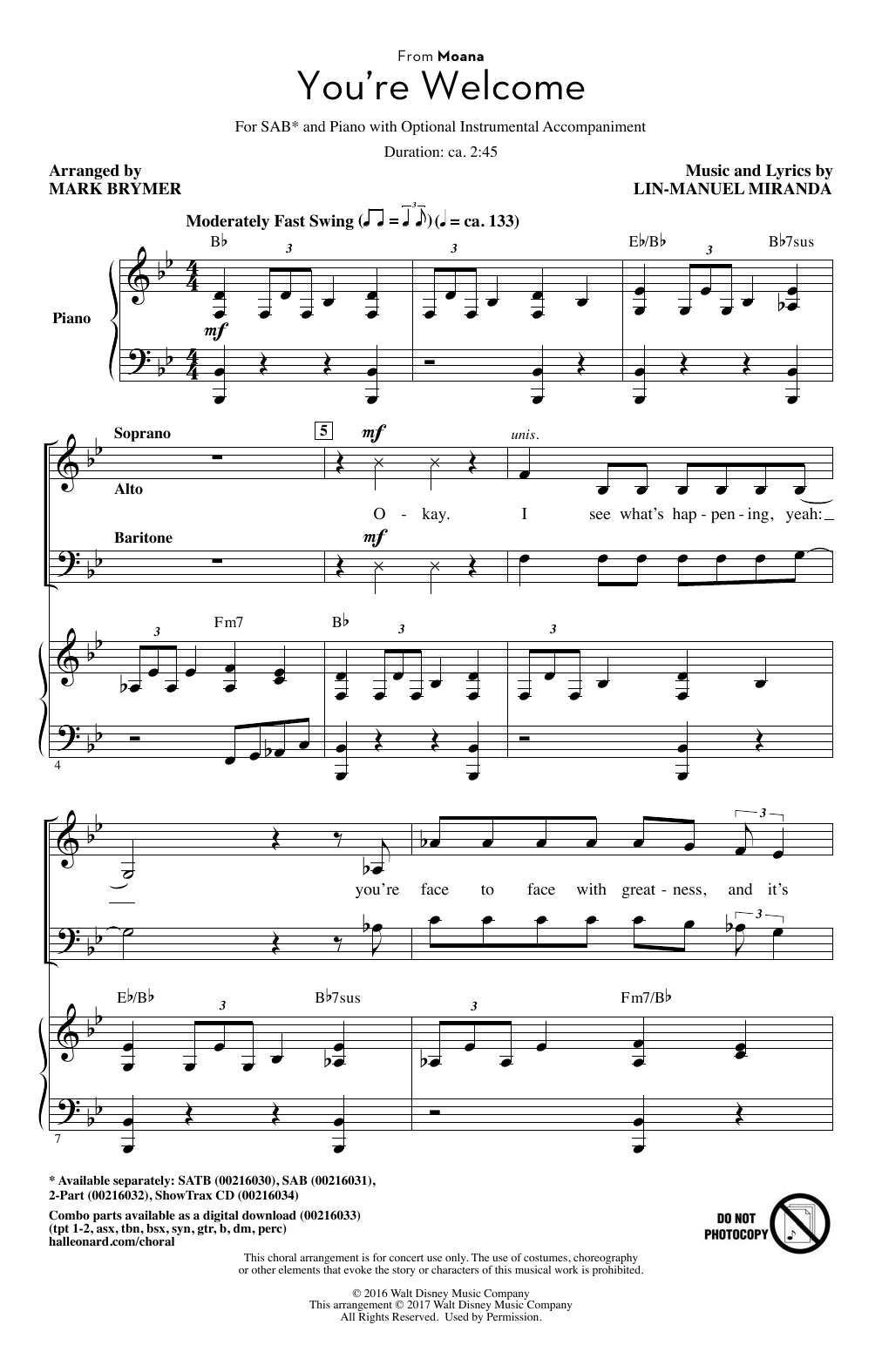 Lin-Manuel Miranda You're Welcome (from Moana) (arr. Mark Brymer) sheet music notes and chords arranged for SAB Choir
