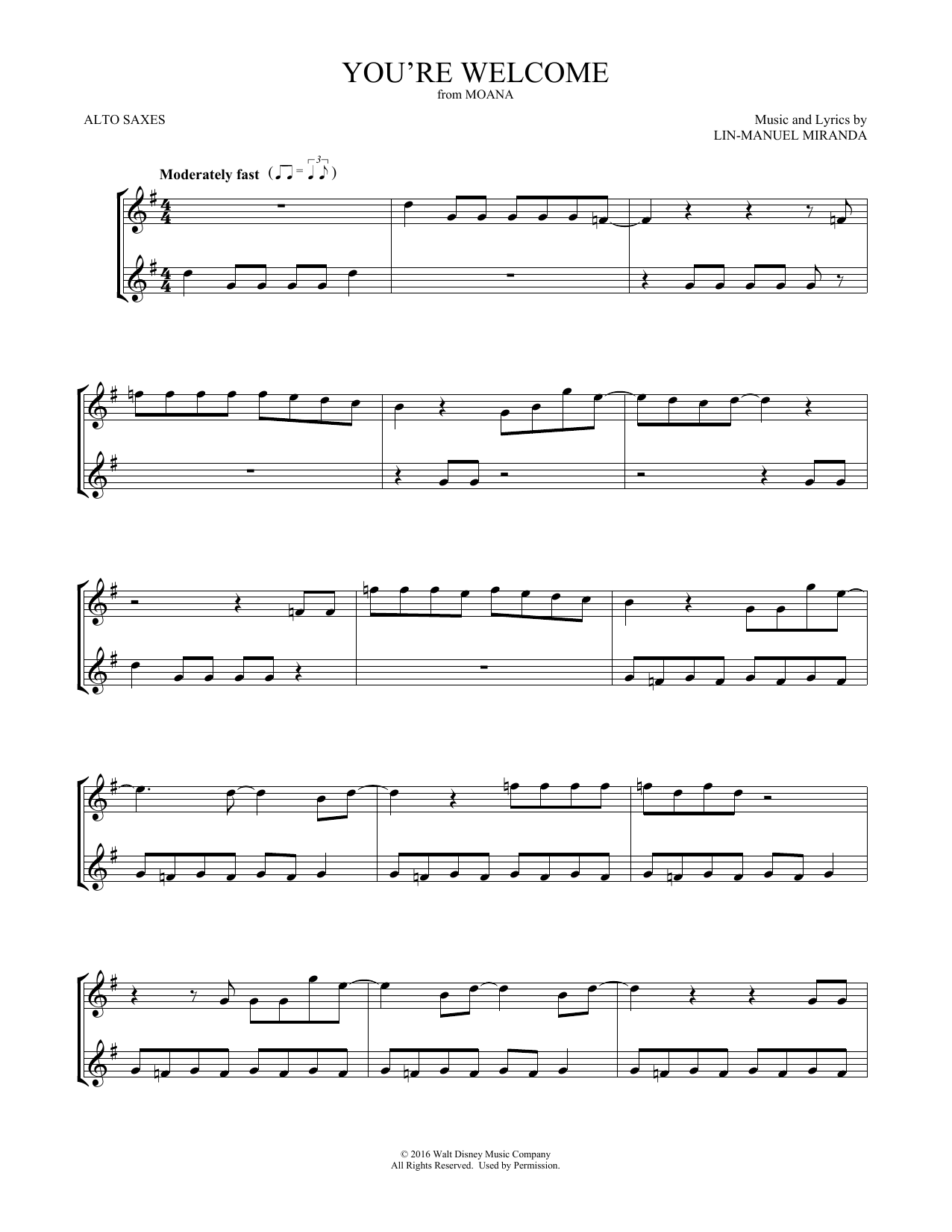 Lin-Manuel Miranda You're Welcome (from Moana) (arr. Mark Phillips) sheet music notes and chords arranged for Flute Duet