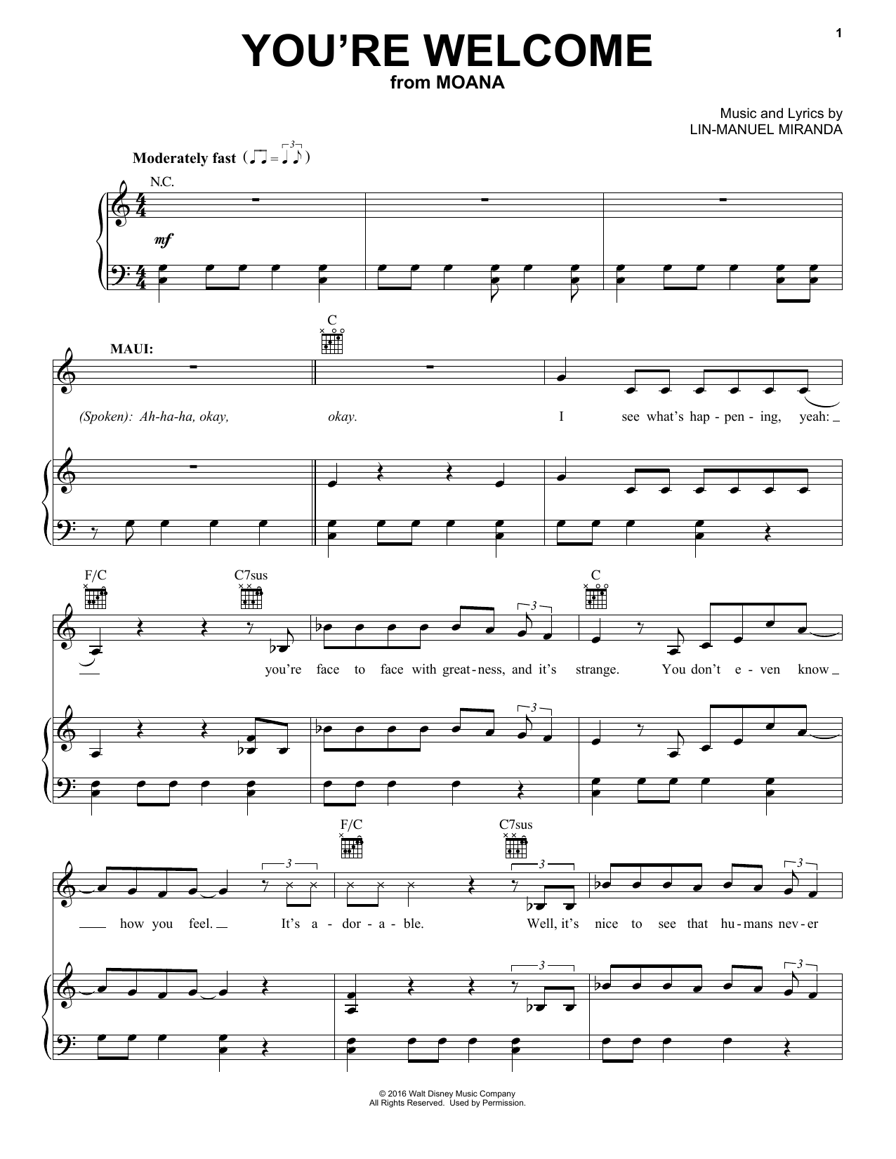 Lin-Manuel Miranda You're Welcome (from Moana) sheet music notes and chords arranged for Ukulele Chords/Lyrics