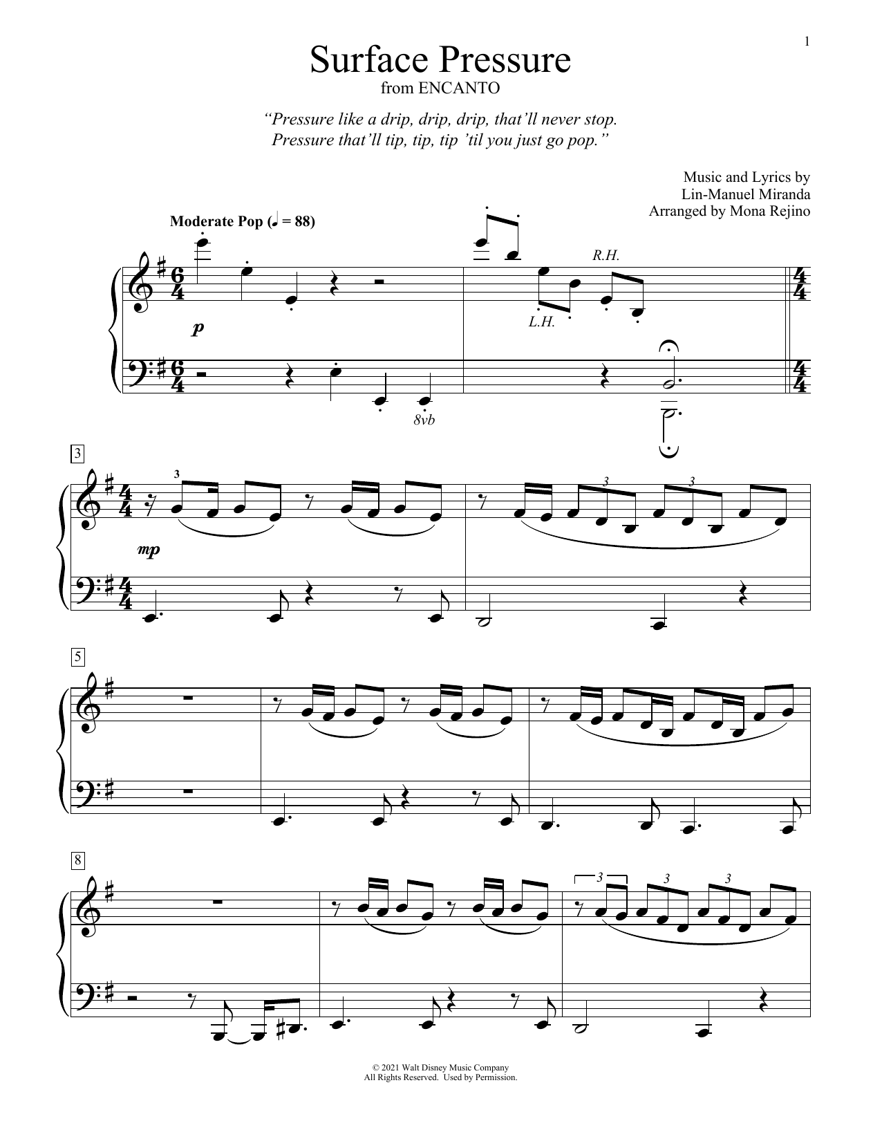 Lin-Manuel Miranda Surface Pressure (from Encanto) (arr. Mona Rejino) sheet music notes and chords. Download Printable PDF.