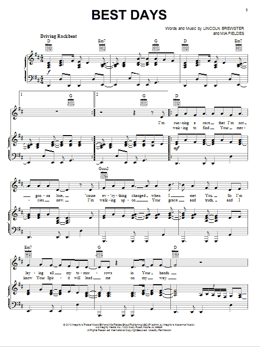 Lincoln Brewster Best Days sheet music notes and chords arranged for Piano, Vocal & Guitar Chords (Right-Hand Melody)