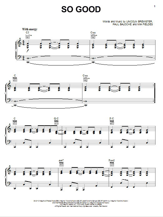 Lincoln Brewster So Good sheet music notes and chords arranged for Piano, Vocal & Guitar Chords (Right-Hand Melody)