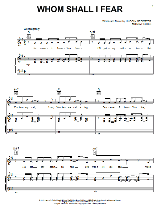 Lincoln Brewster Whom Shall I Fear sheet music notes and chords arranged for Piano, Vocal & Guitar Chords (Right-Hand Melody)