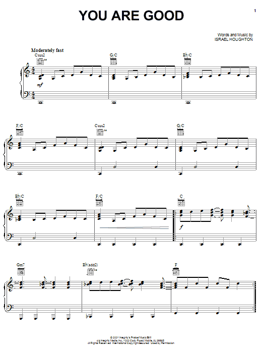 Lincoln Brewster You Are Good sheet music notes and chords arranged for Piano, Vocal & Guitar Chords (Right-Hand Melody)
