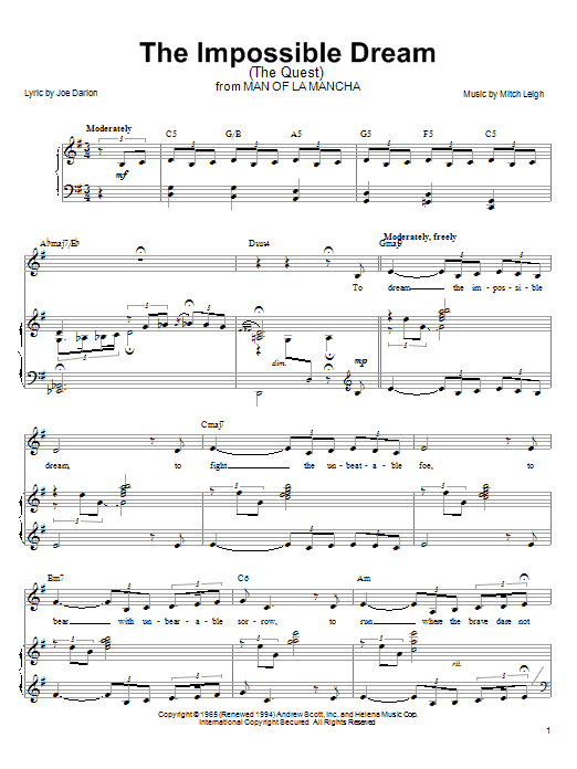Linda Eder The Impossible Dream (The Quest) sheet music notes and chords arranged for Piano, Vocal & Guitar Chords (Right-Hand Melody)