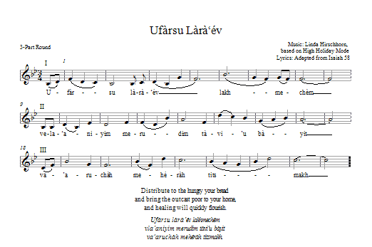 Linda Hirschhorn Ufarsu Lara'ev sheet music notes and chords arranged for 3-Part Mixed Choir